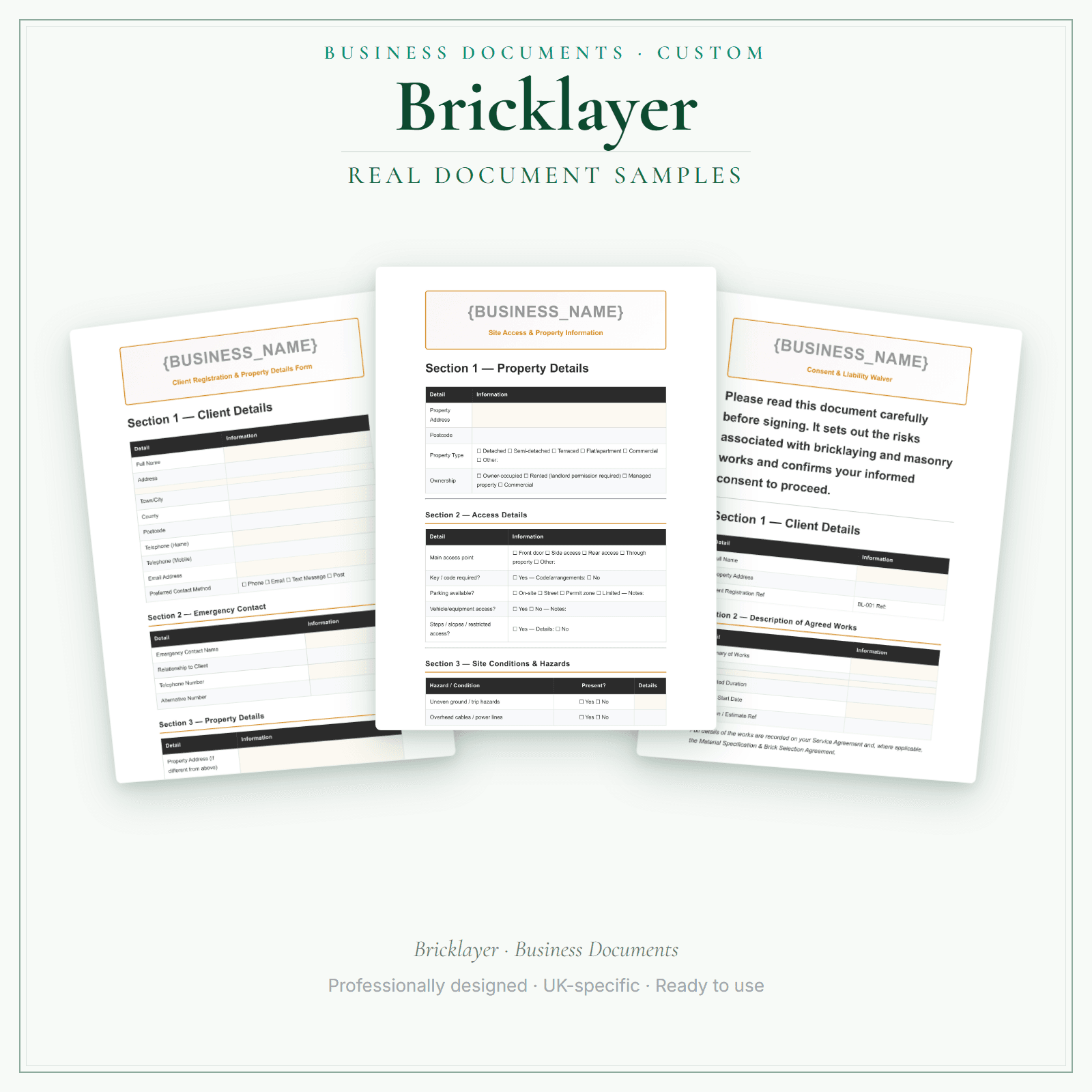 Bricklayer — Business Documents — Customisable sample pages preview