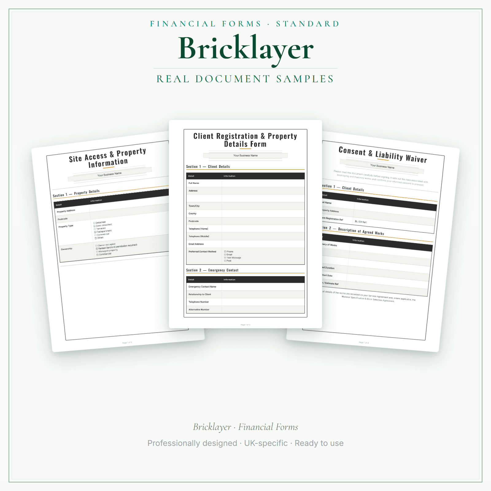 Bricklayer — Financial Forms Bundle — Standard sample pages preview