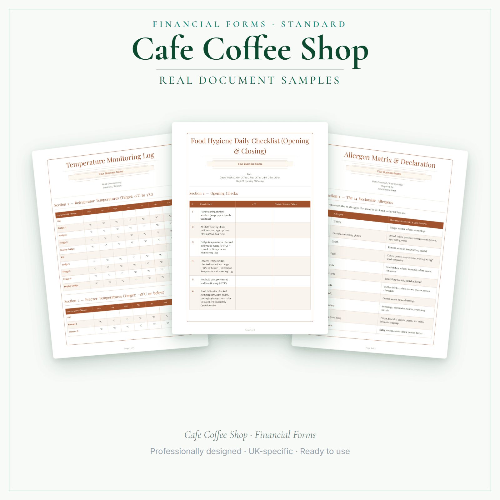 Cafe Coffee Shop — Financial Forms Bundle — Standard sample pages preview