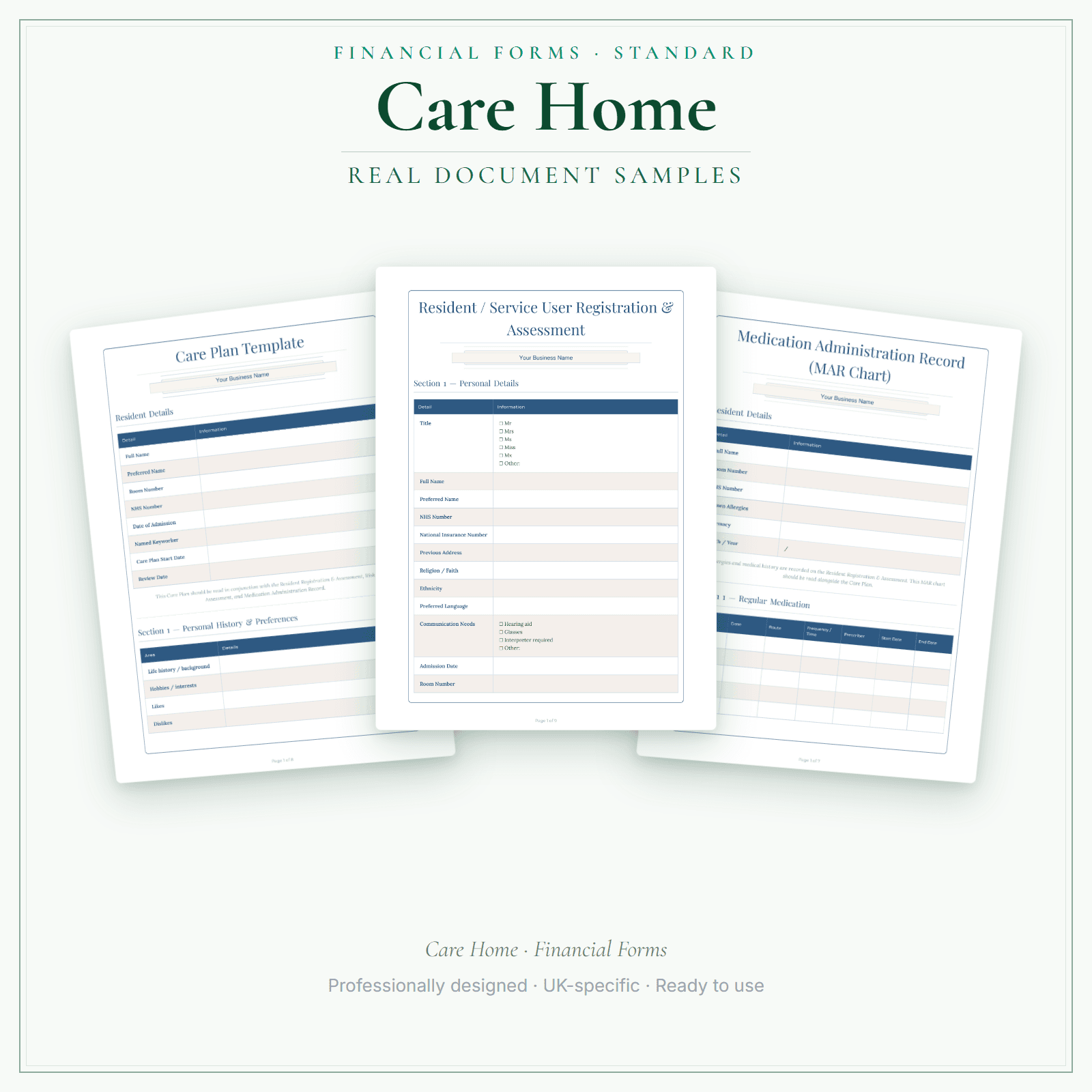 Care Home — Financial Forms Bundle — Standard sample pages preview