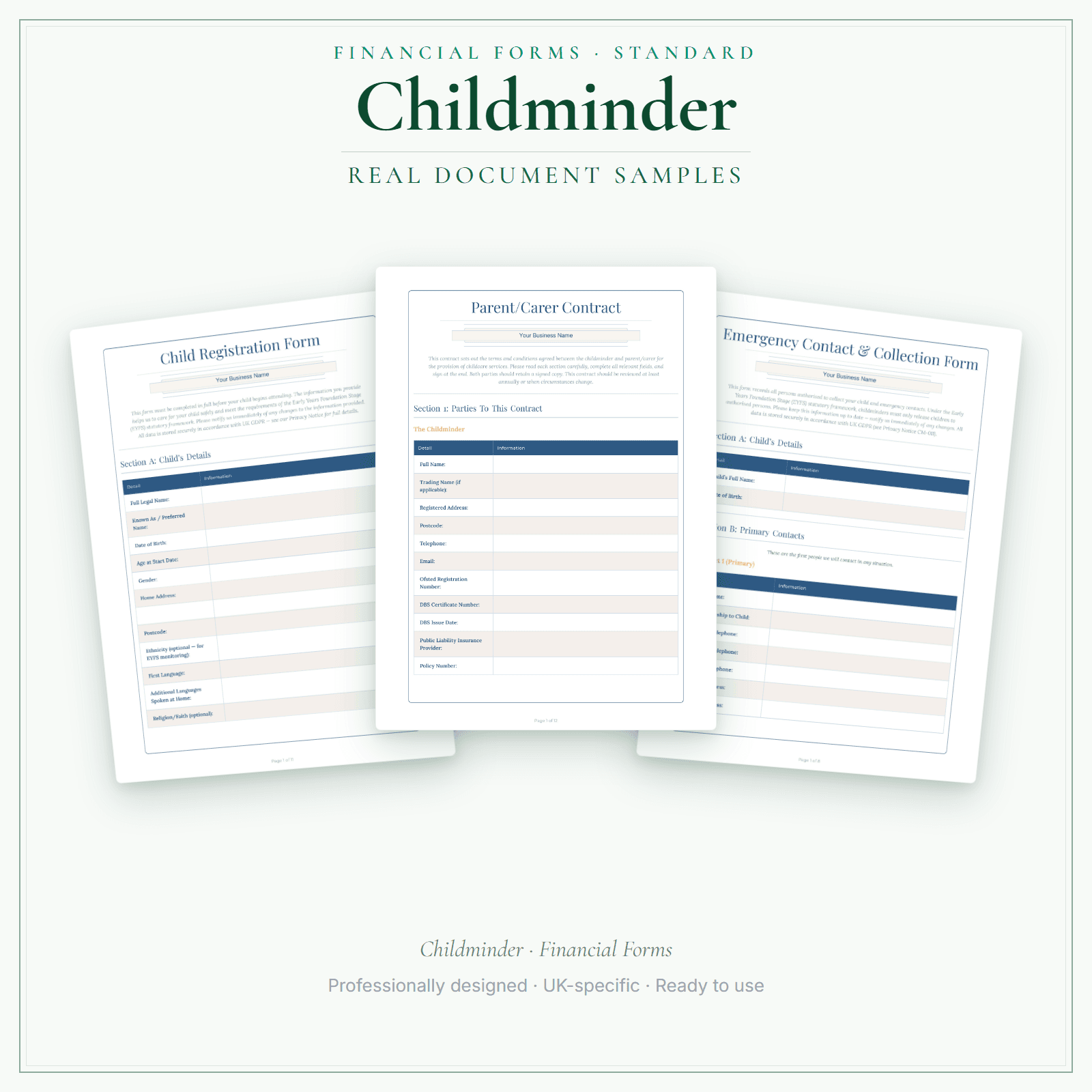 Childminder — Financial Forms Bundle — Standard sample pages preview