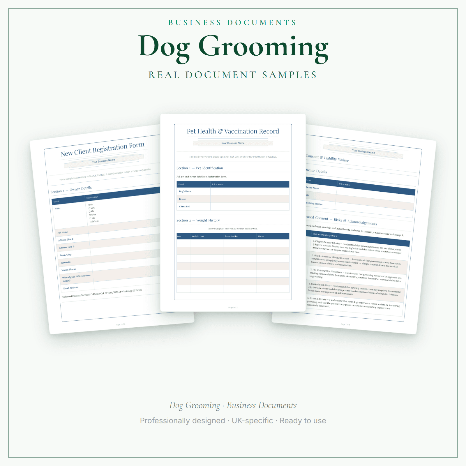 Dog Grooming — Business Documents — Premium sample pages preview