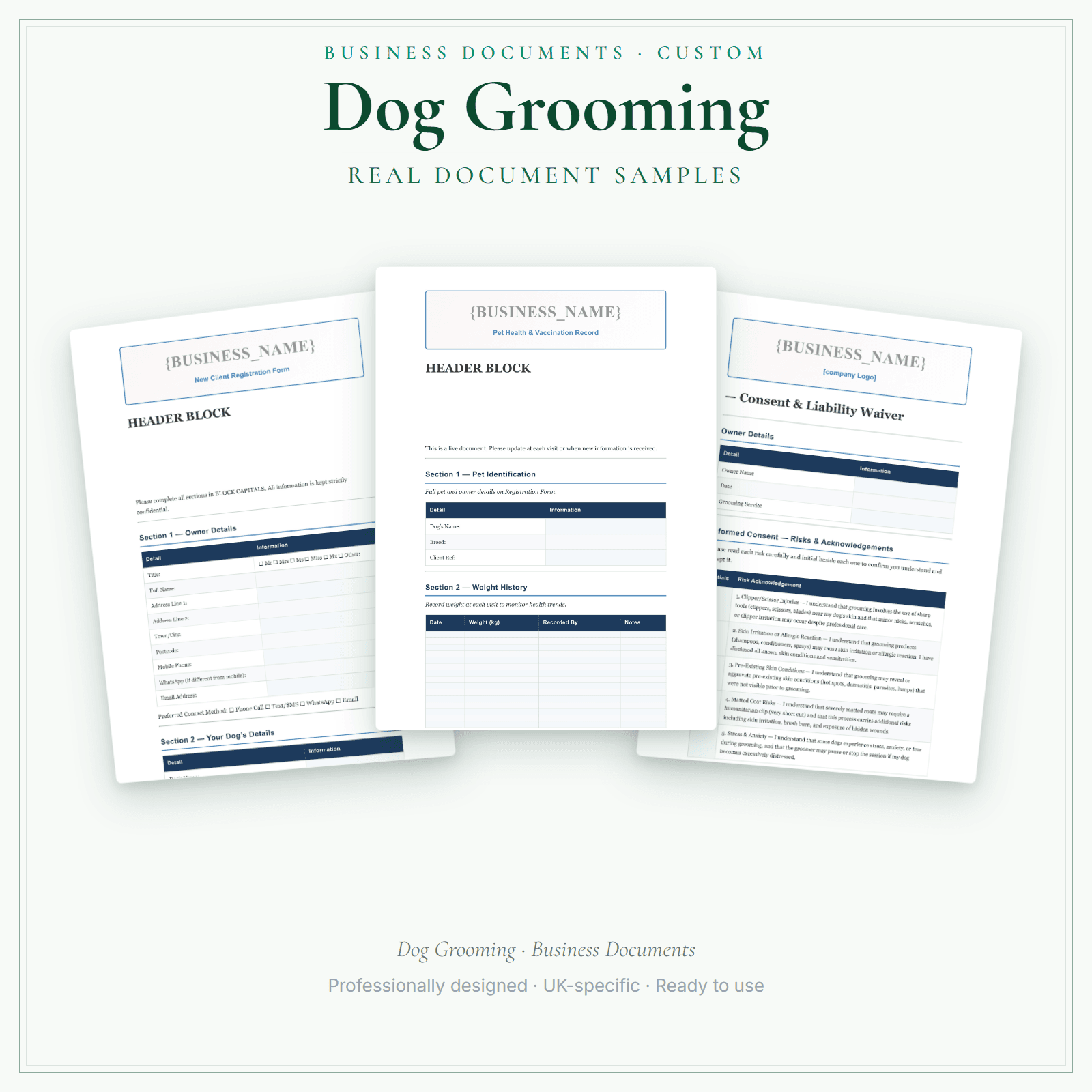 Dog Grooming — Business Documents — Customisable sample pages preview