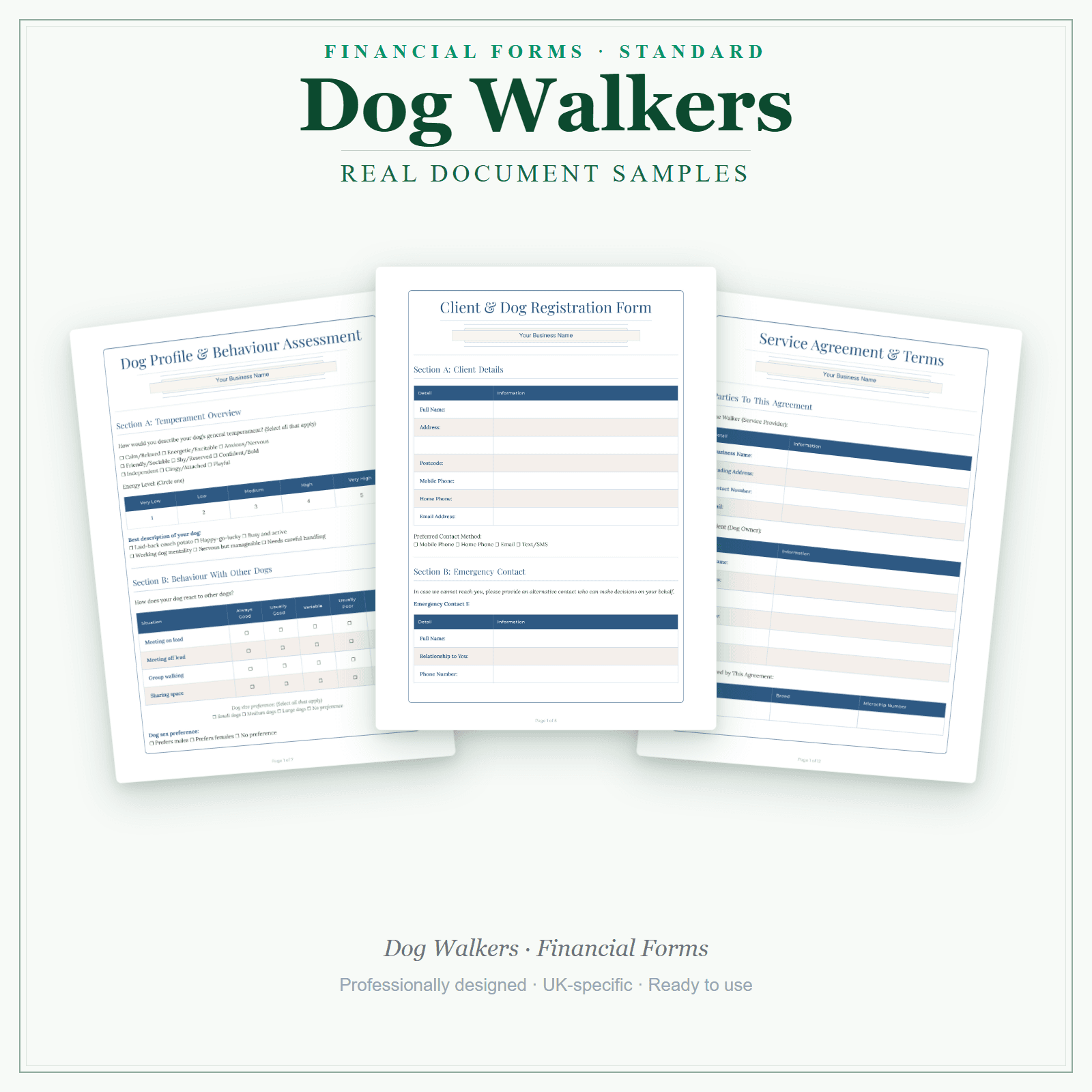 Dog Walkers — Financial Forms Bundle — Standard sample pages preview