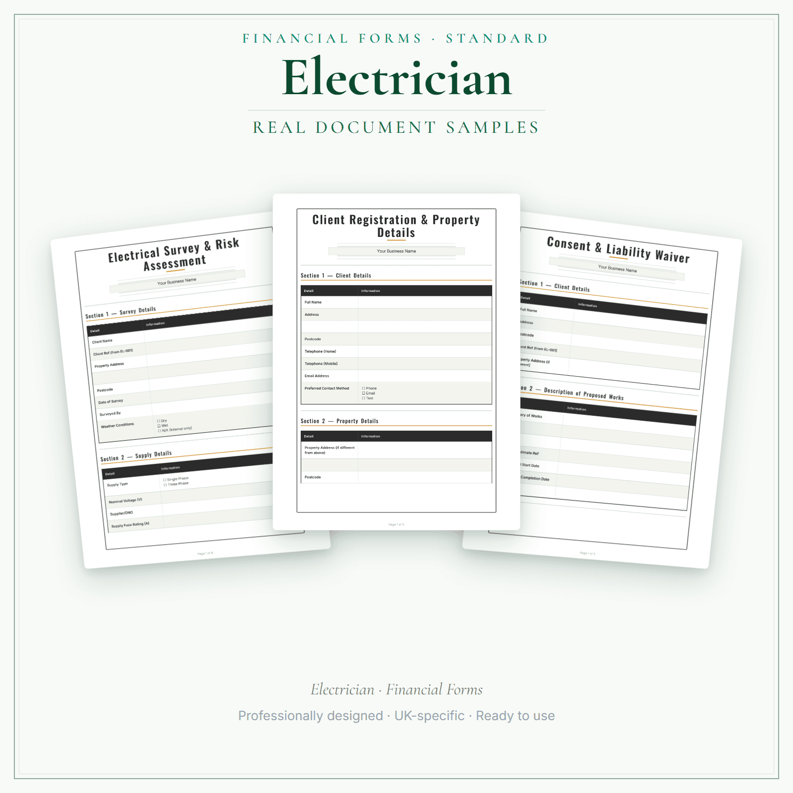 Electrician — Financial Forms Bundle — Standard sample pages preview