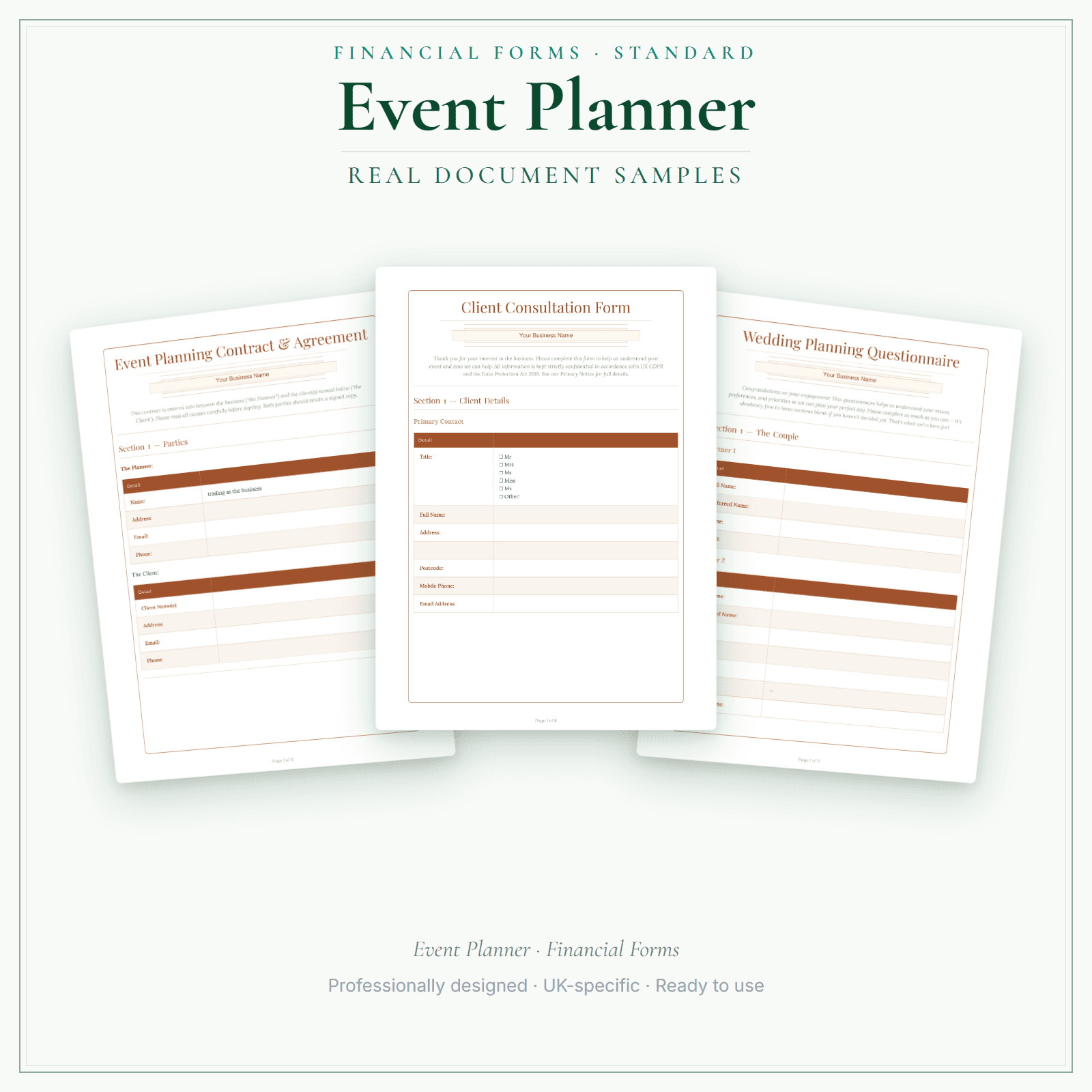 Event Planner — Financial Forms Bundle — Standard sample pages preview