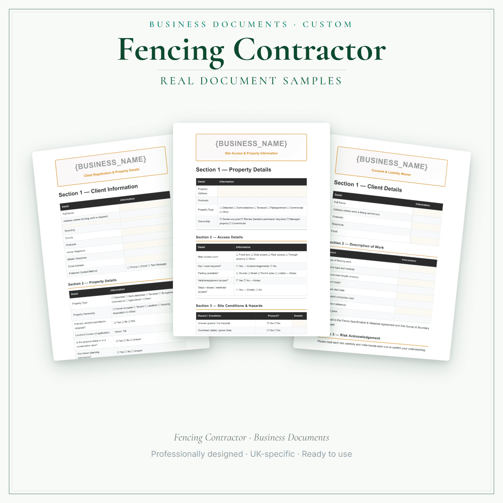 Fencing Contractor — Business Documents — Customisable sample pages preview