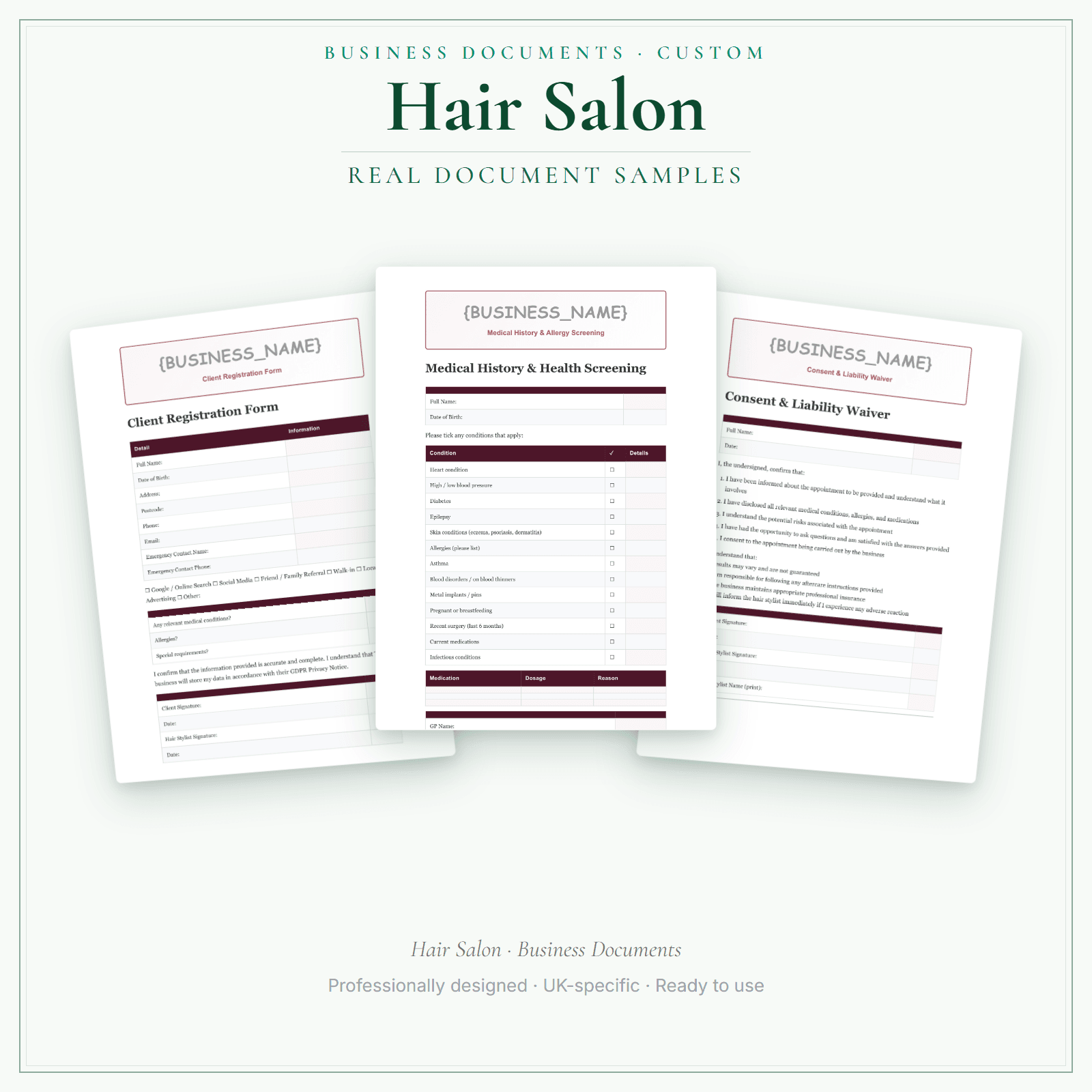 Hair Salon — Business Documents — Customisable sample pages preview