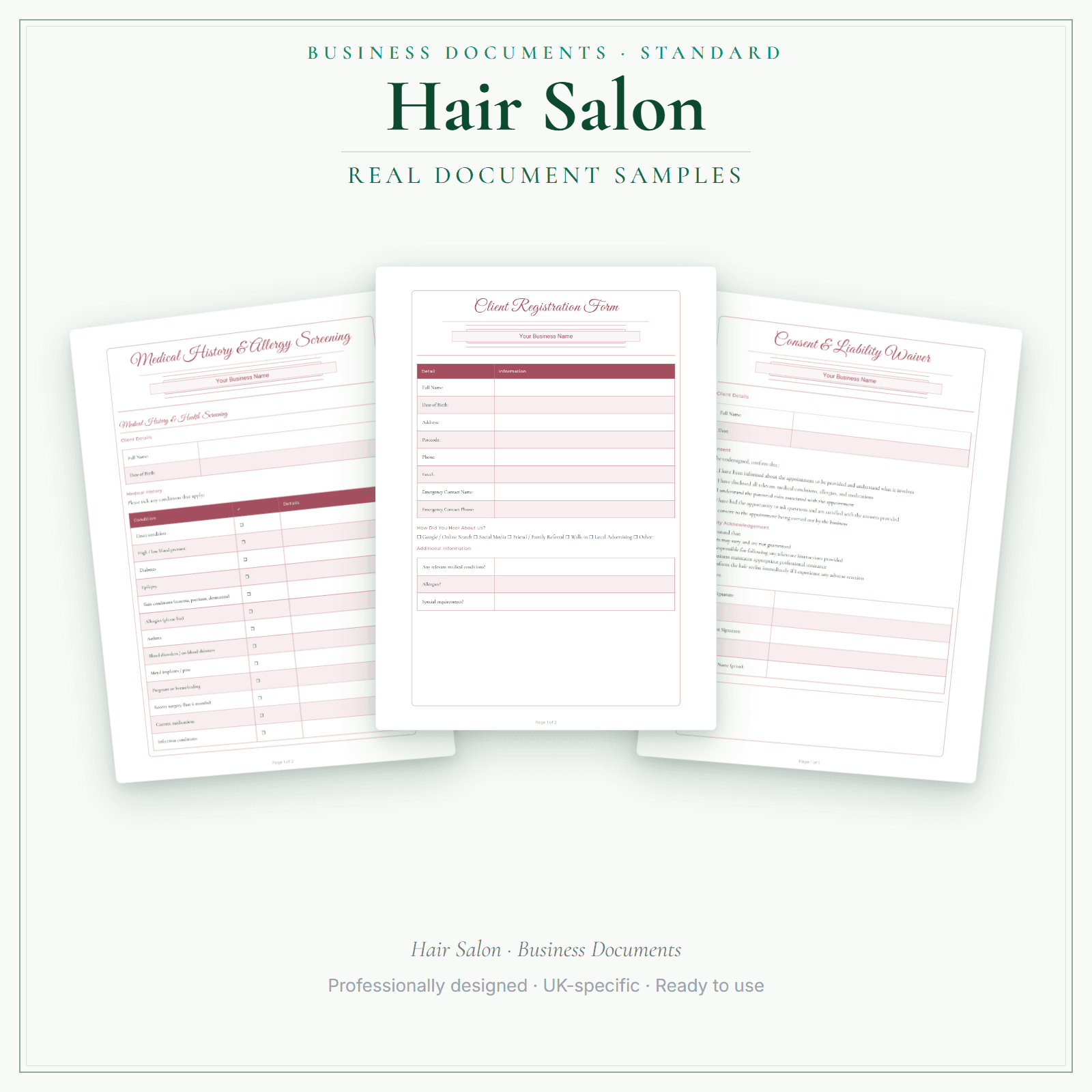 Hair Salon — Business Documents — Standard sample pages preview