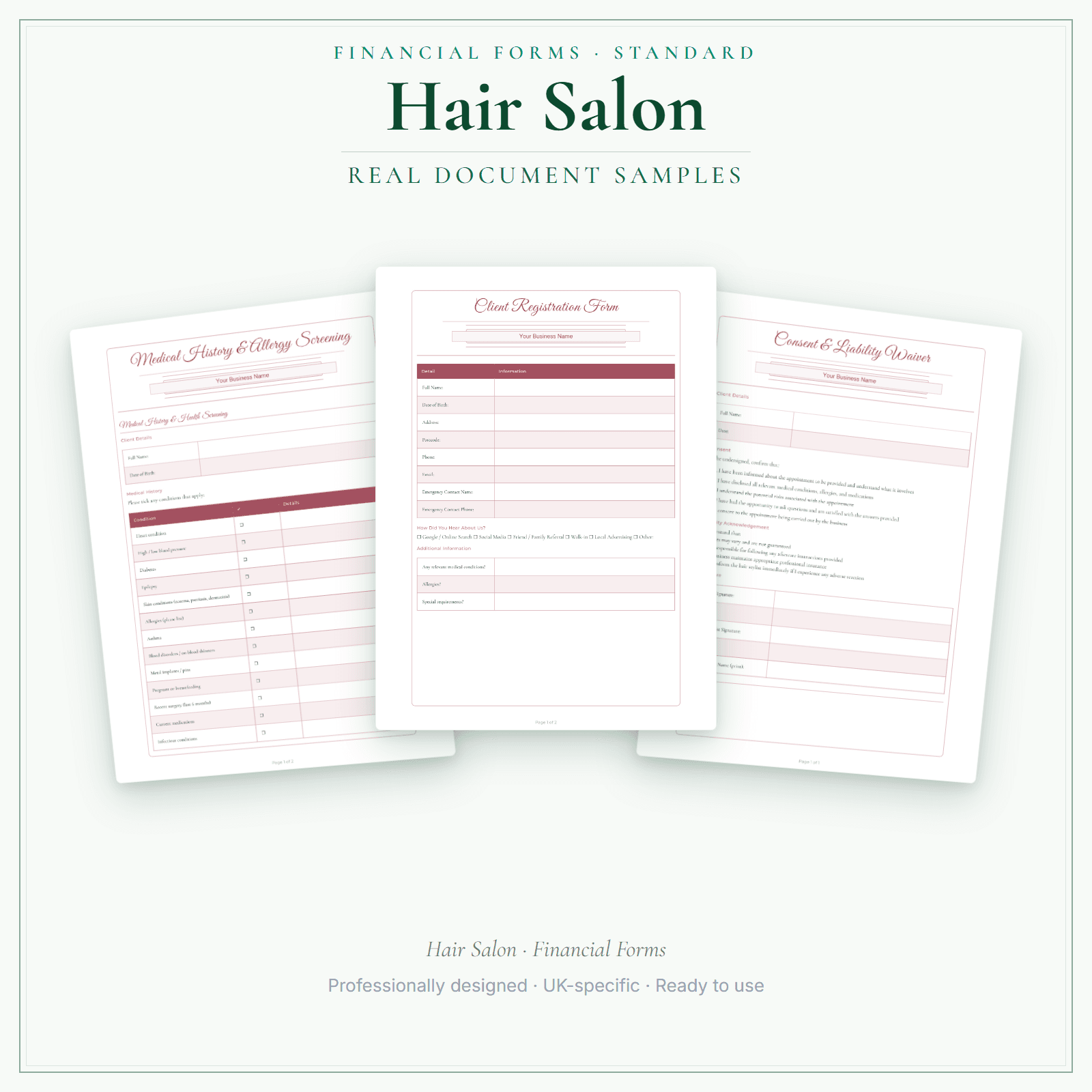 Hair Salon — Financial Forms Bundle — Standard sample pages preview