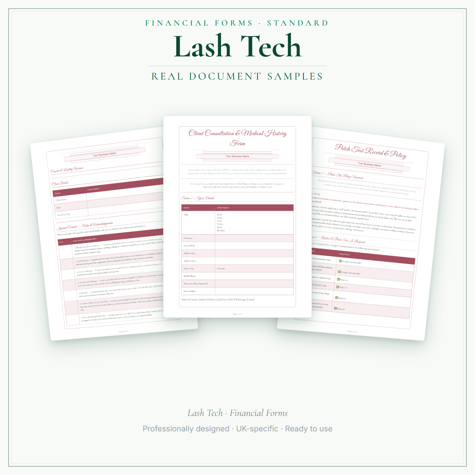 Lash Tech — Financial Forms Bundle — Standard sample pages preview
