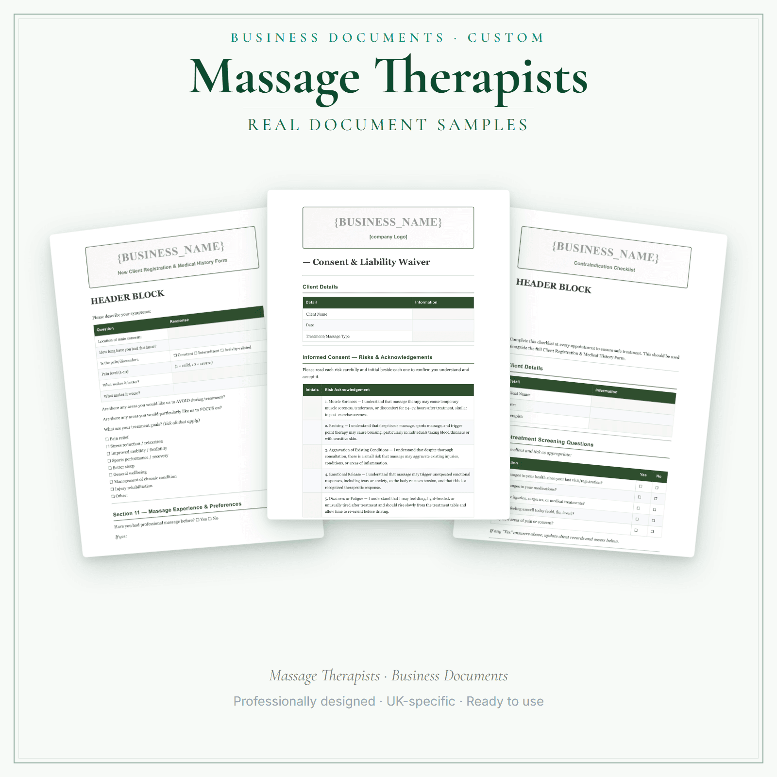 Massage Therapists — Business Documents — Customisable sample pages preview
