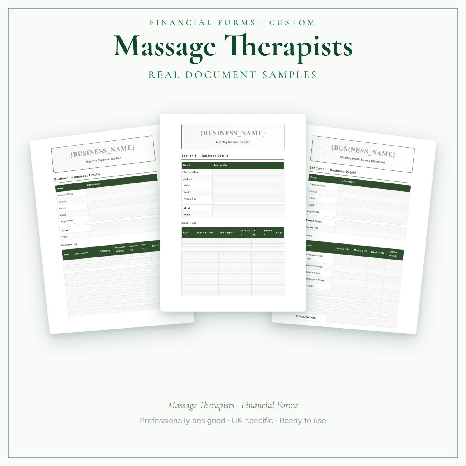 Massage Therapists — Financial Forms Bundle — Customisable sample pages preview