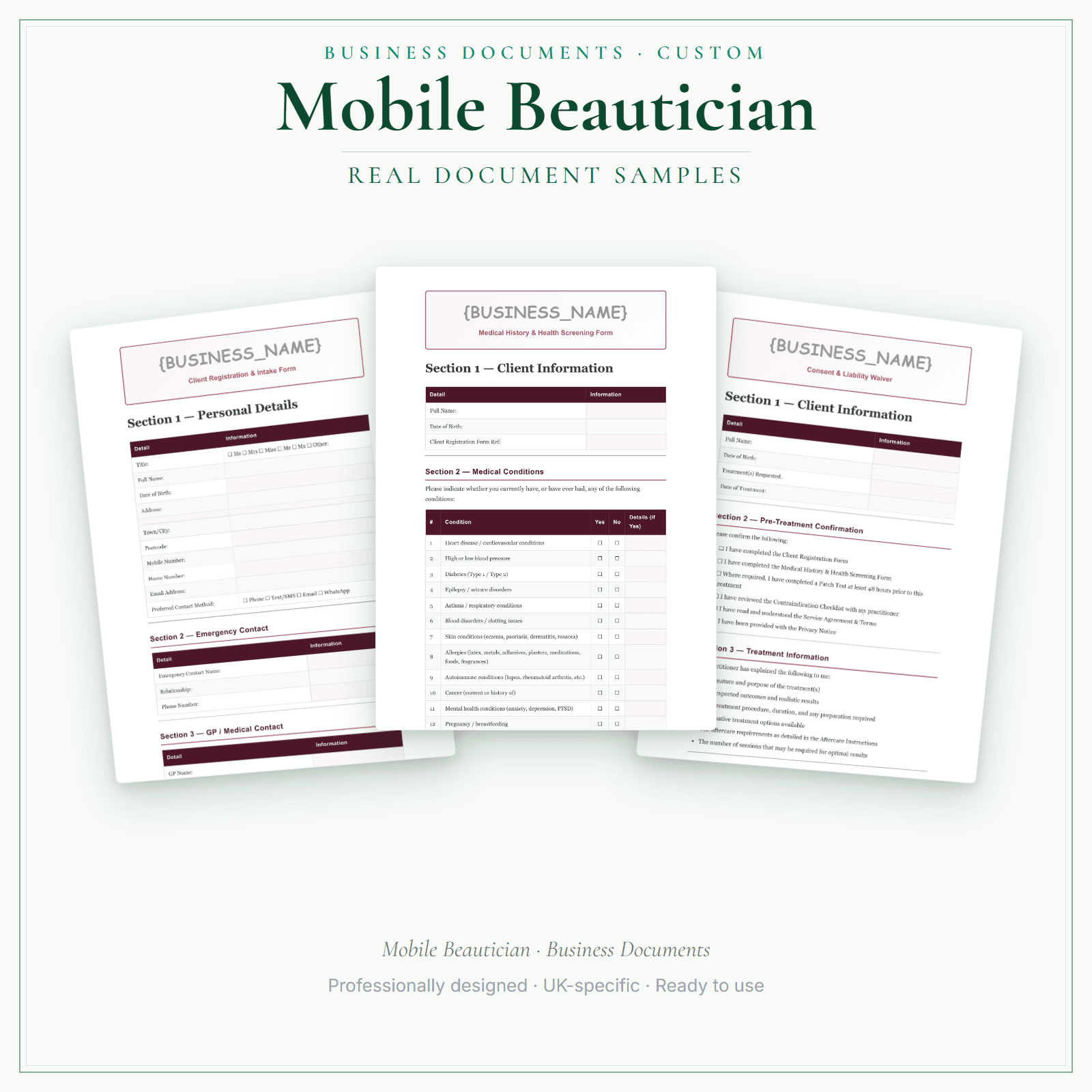 Mobile Beautician — Business Documents — Customisable sample pages preview
