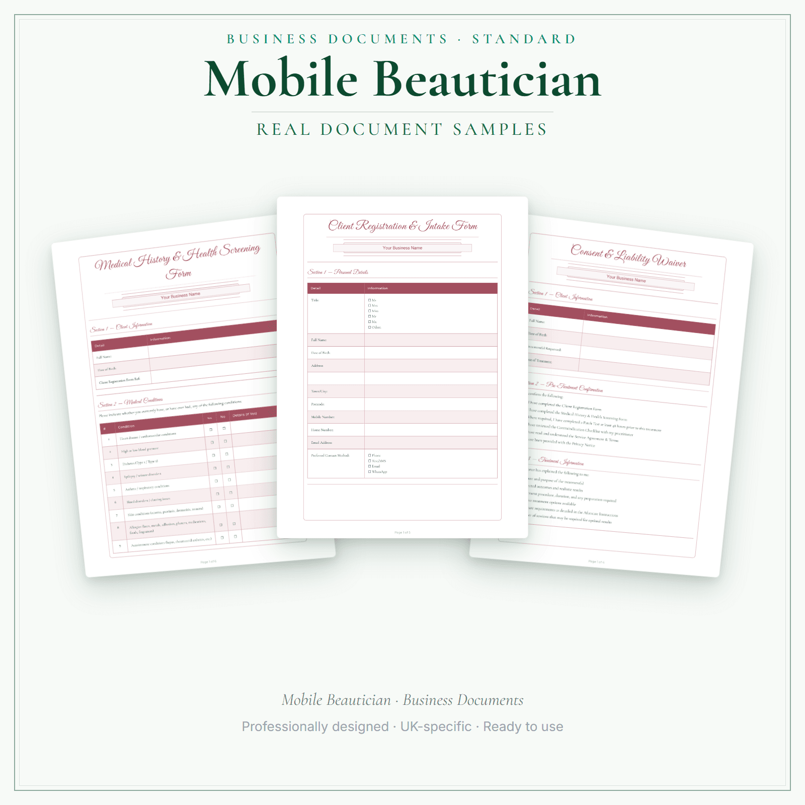 Mobile Beautician — Business Documents — Standard sample pages preview