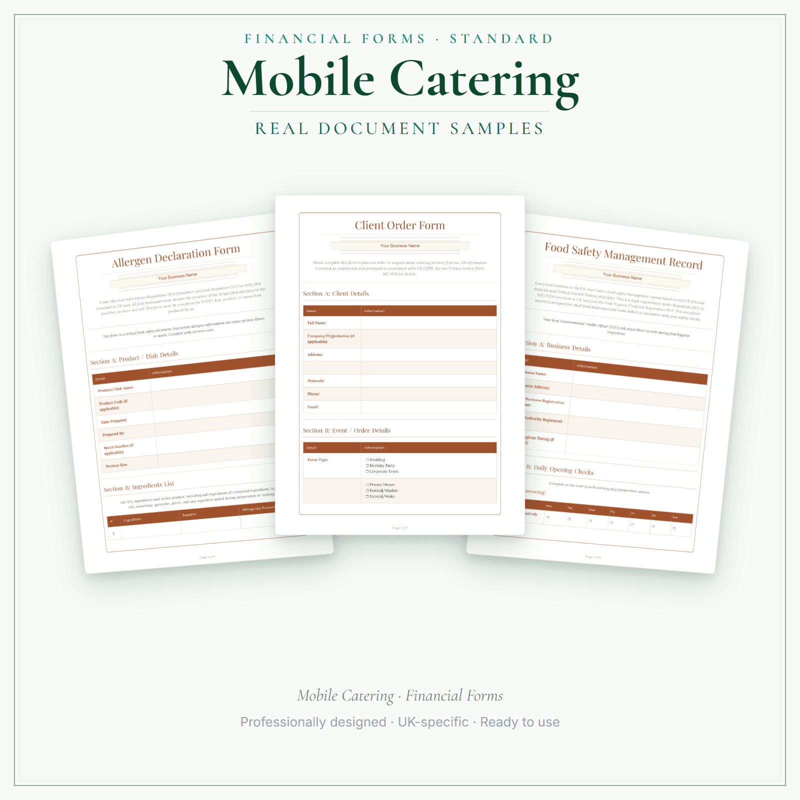 Mobile Catering — Financial Forms Bundle — Standard sample pages preview