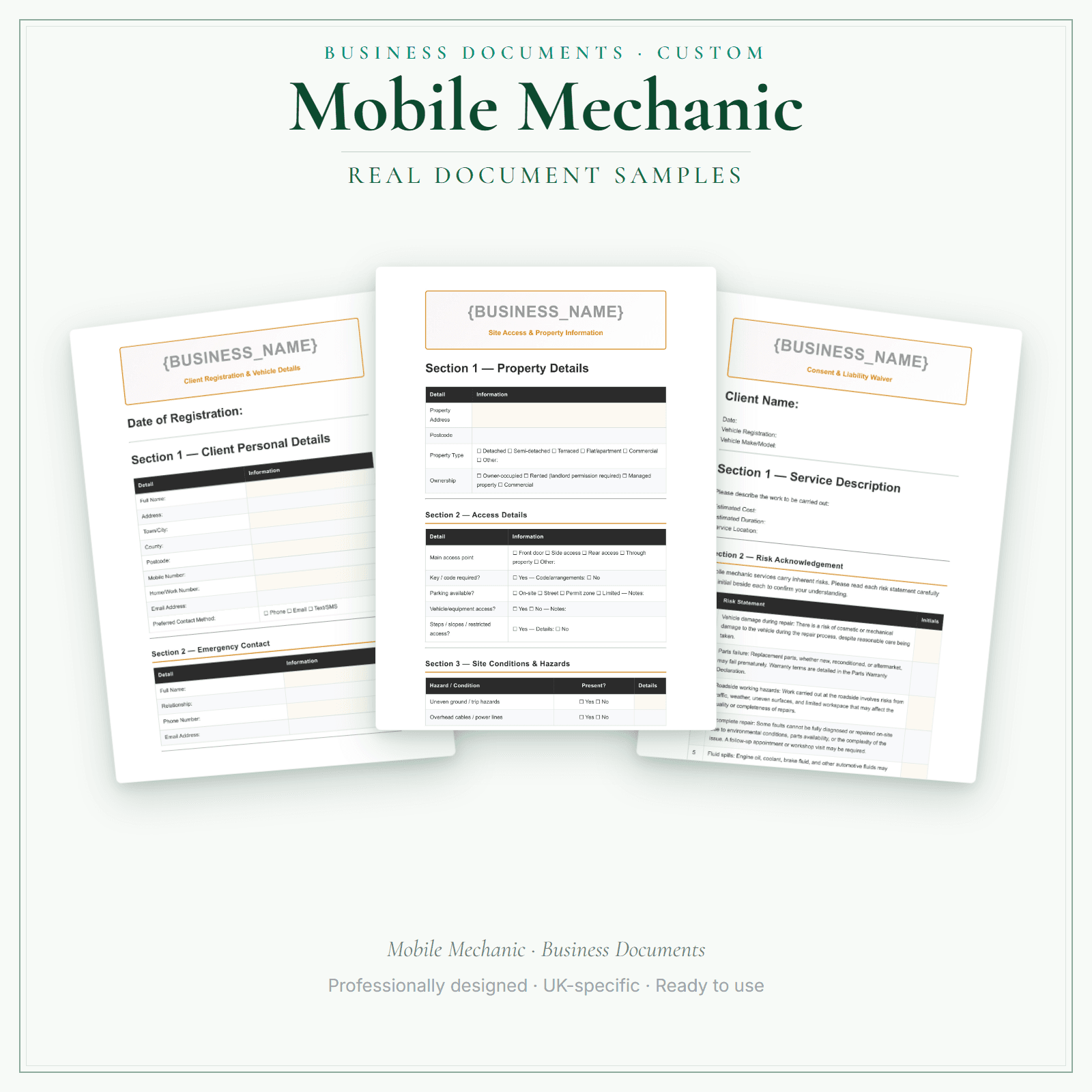 Mobile Mechanic — Business Documents — Customisable sample pages preview