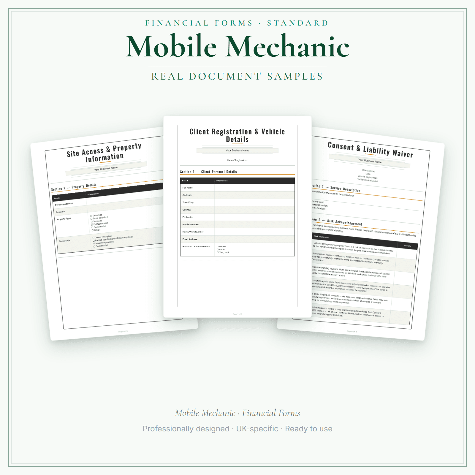 Mobile Mechanic — Financial Forms Bundle — Standard sample pages preview