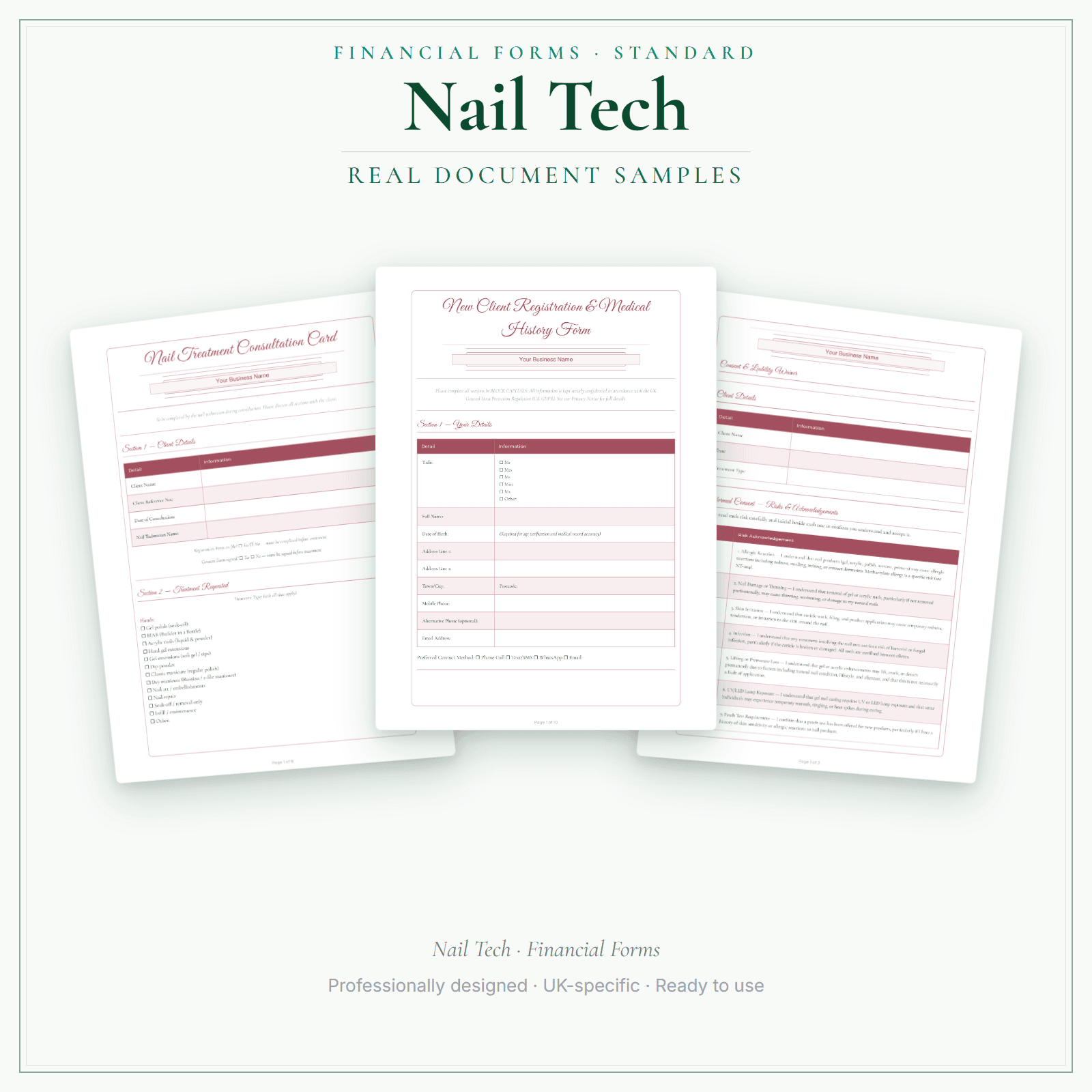 Nail Tech — Financial Forms Bundle — Standard sample pages preview
