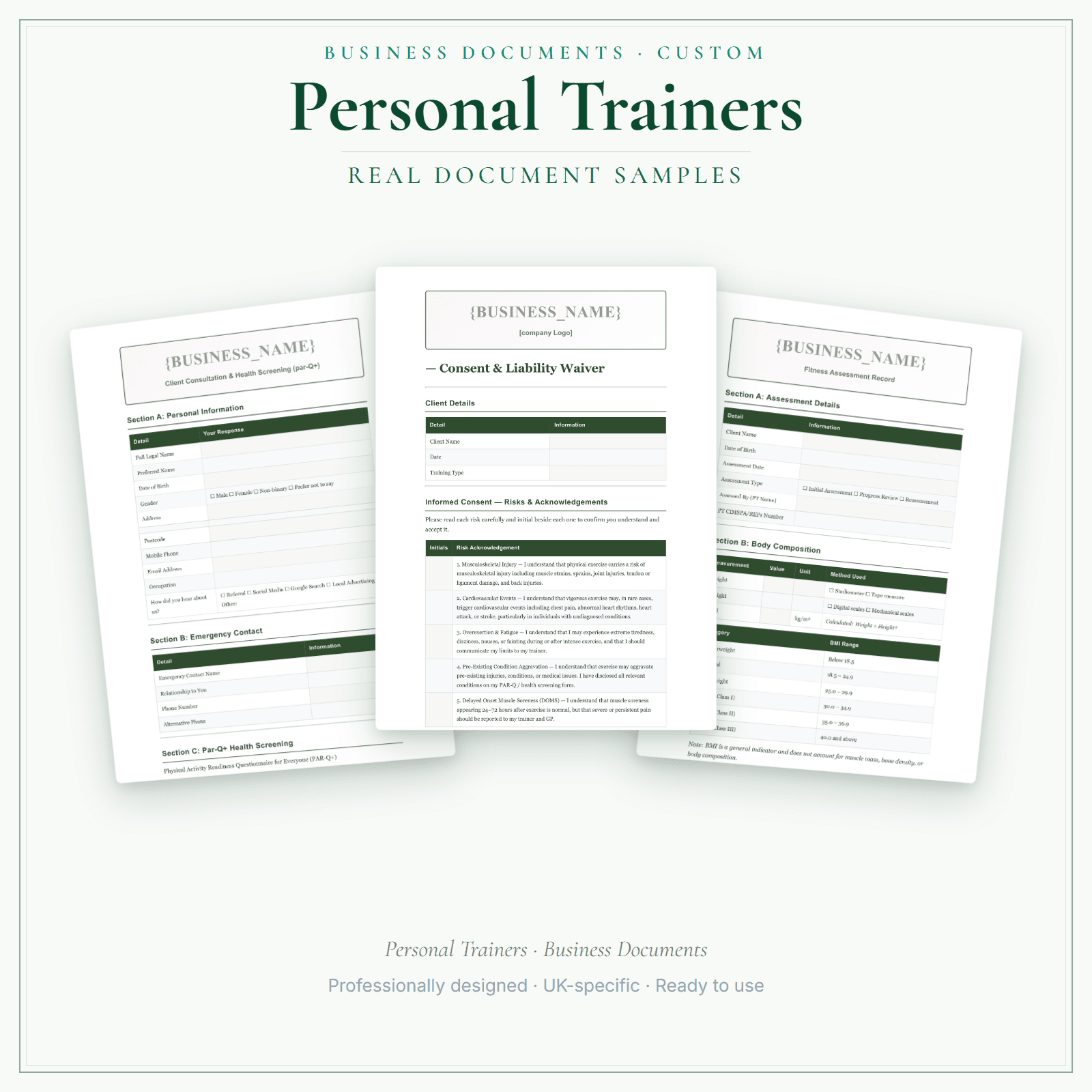 Personal Trainers — Business Documents — Customisable sample pages preview