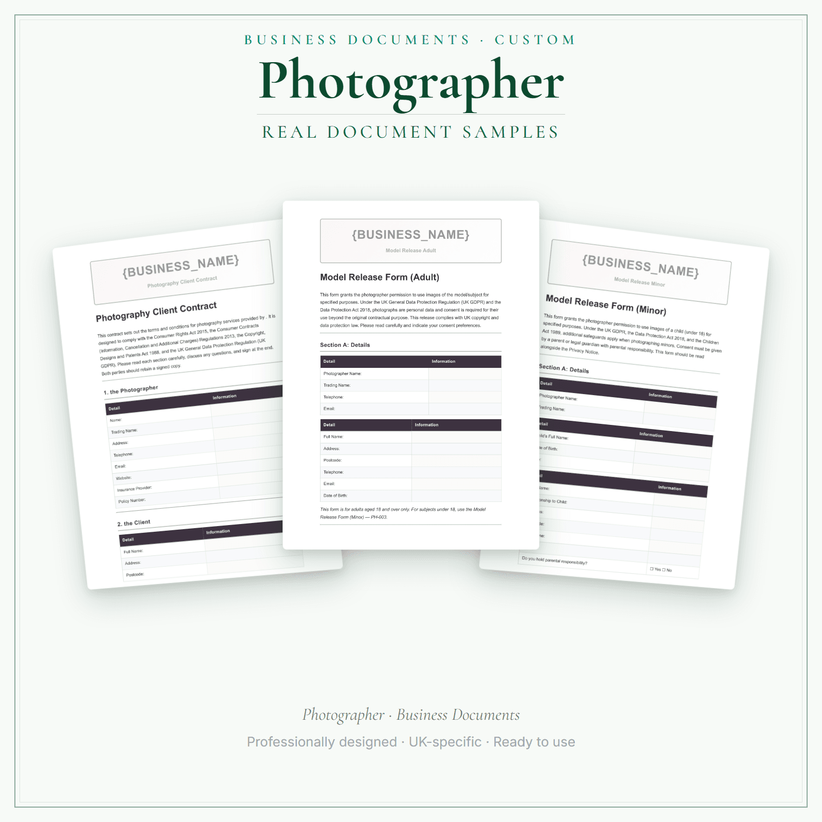 Photographer — Business Documents — Customisable sample pages preview