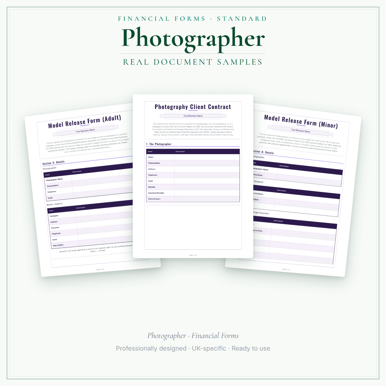 Photographer — Financial Forms Bundle — Standard sample pages preview