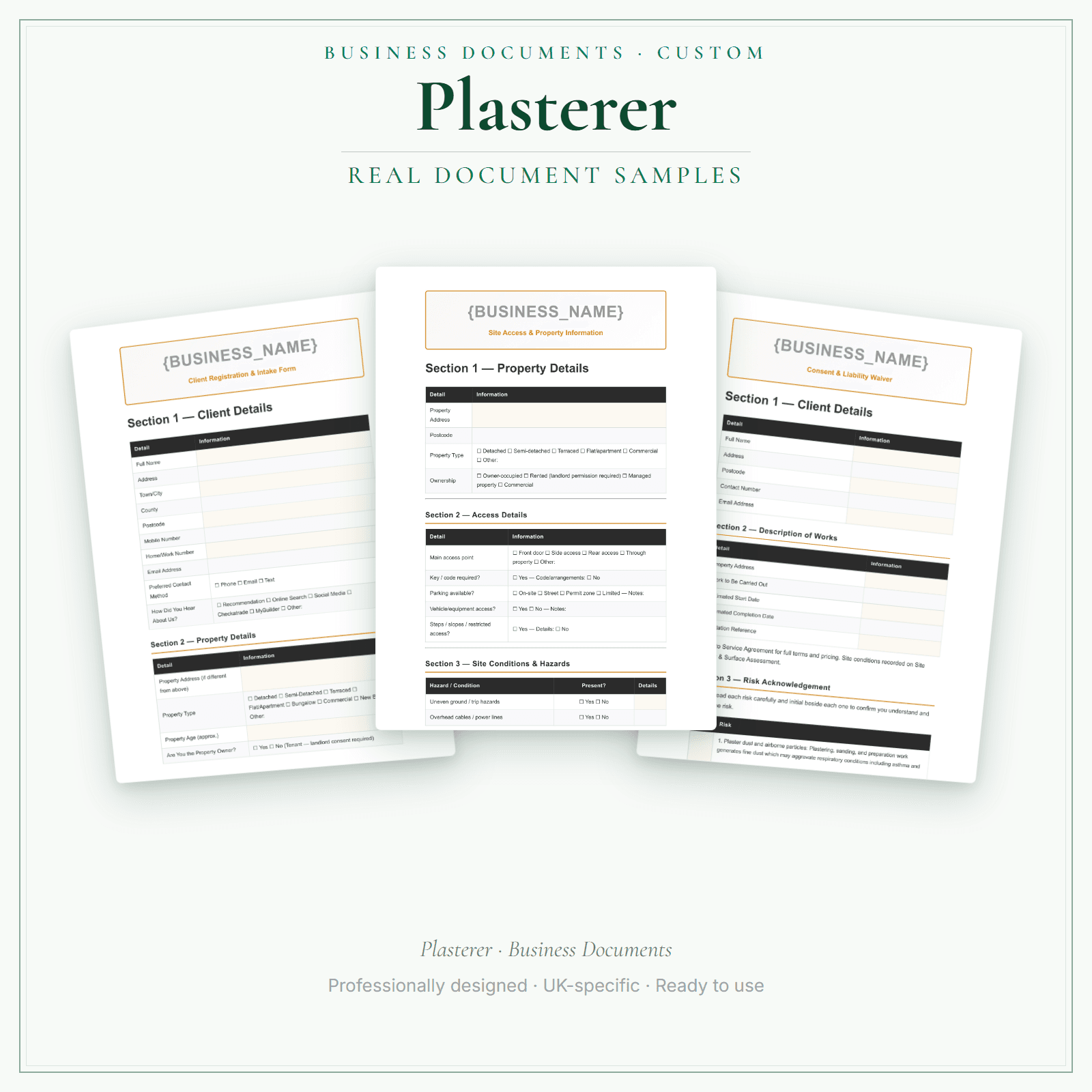 Plasterer — Business Documents — Customisable sample pages preview