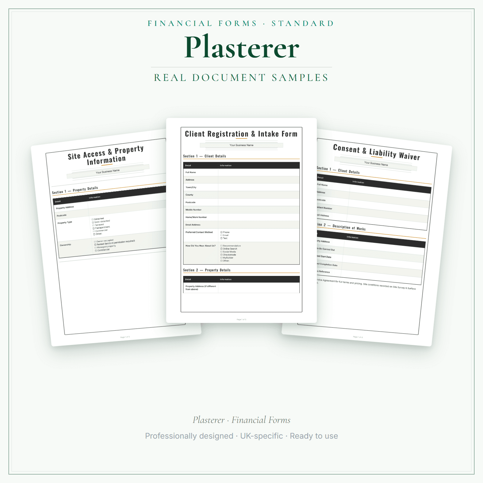 Plasterer — Financial Forms Bundle — Standard sample pages preview