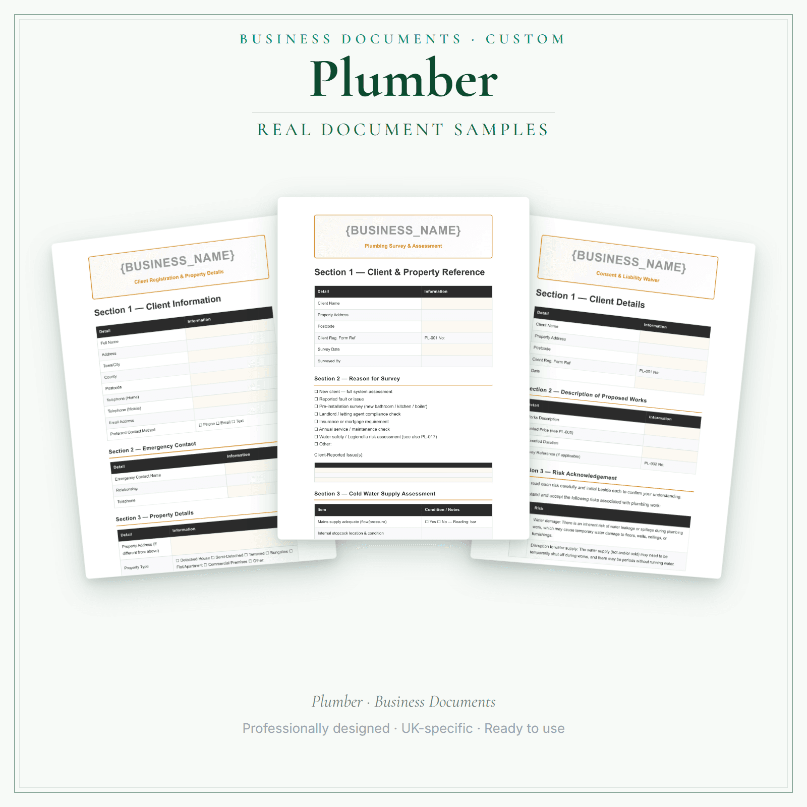 Plumber — Business Documents — Customisable sample pages preview