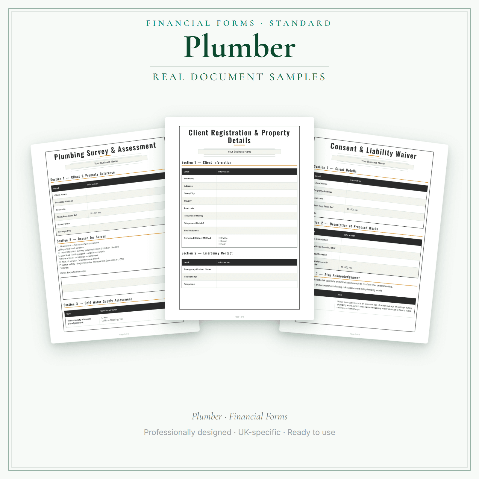 Plumber — Financial Forms Bundle — Standard sample pages preview
