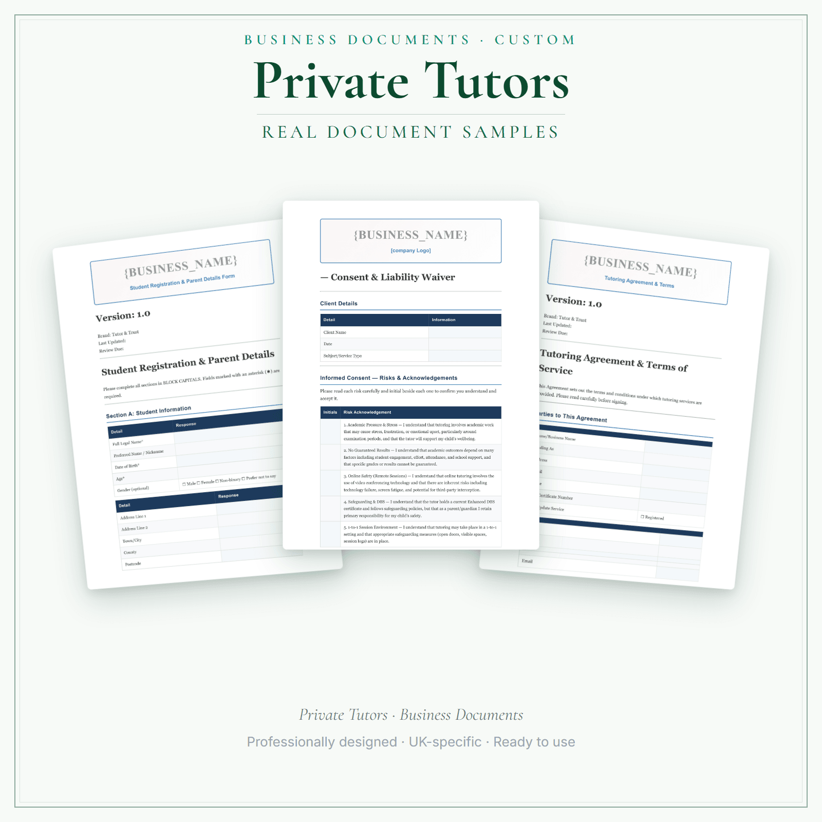 Private Tutors — Business Documents — Customisable sample pages preview