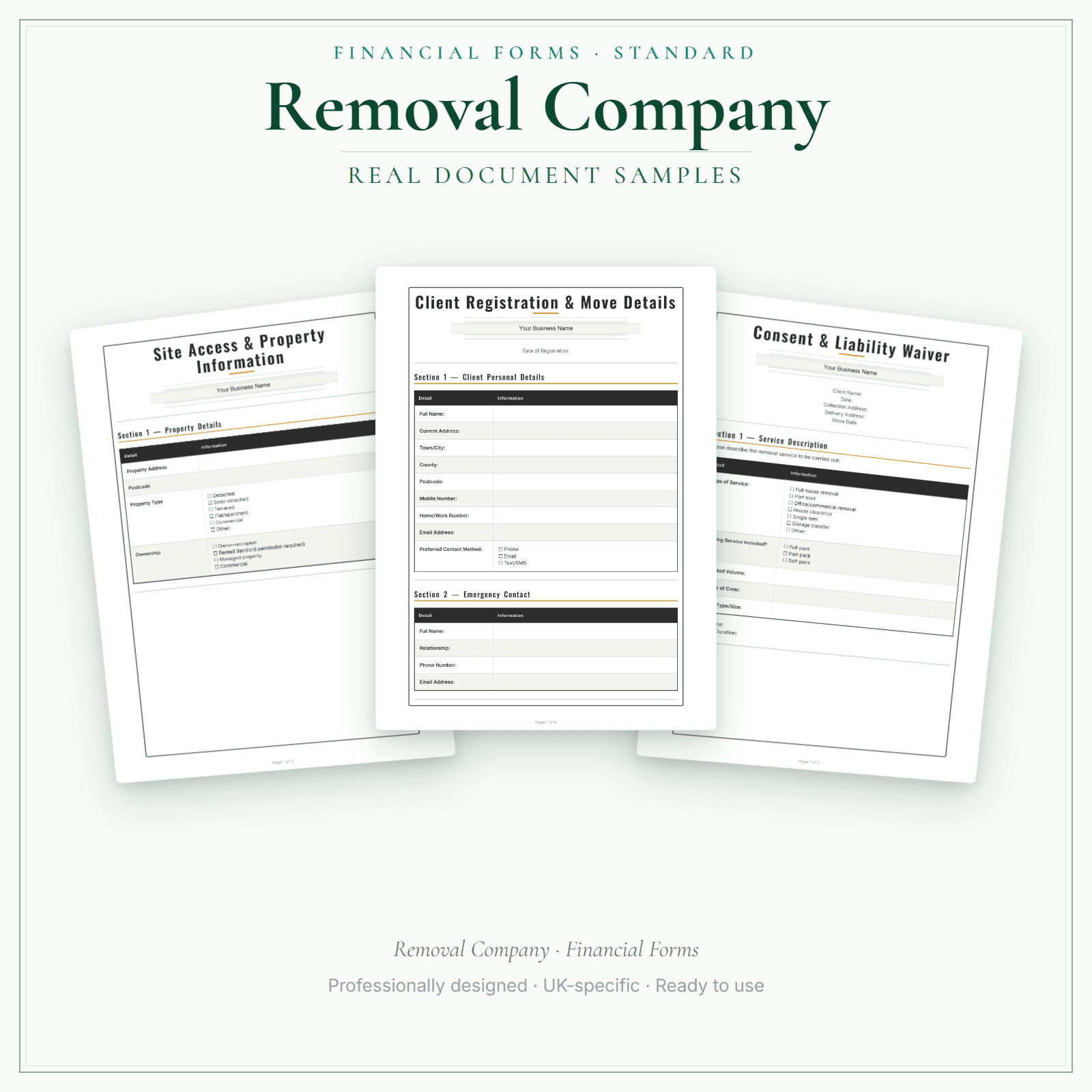 Removal Company — Financial Forms Bundle — Standard sample pages preview