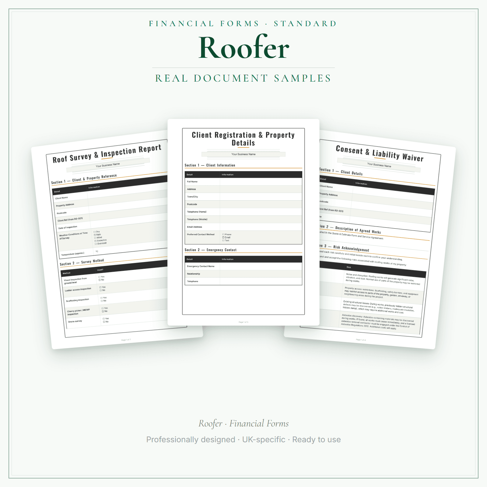 Roofer — Financial Forms Bundle — Standard sample pages preview