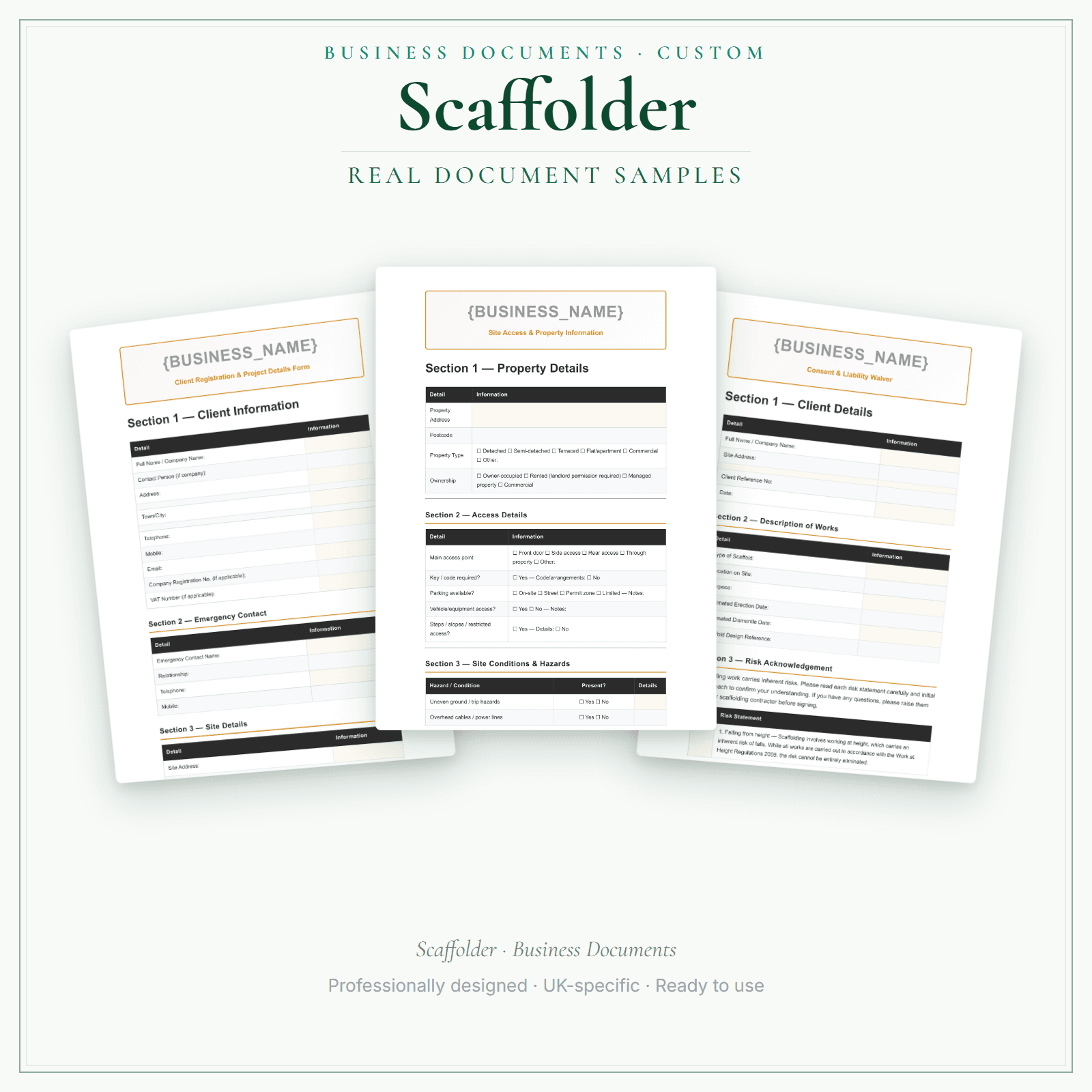 Scaffolder — Business Documents — Customisable sample pages preview