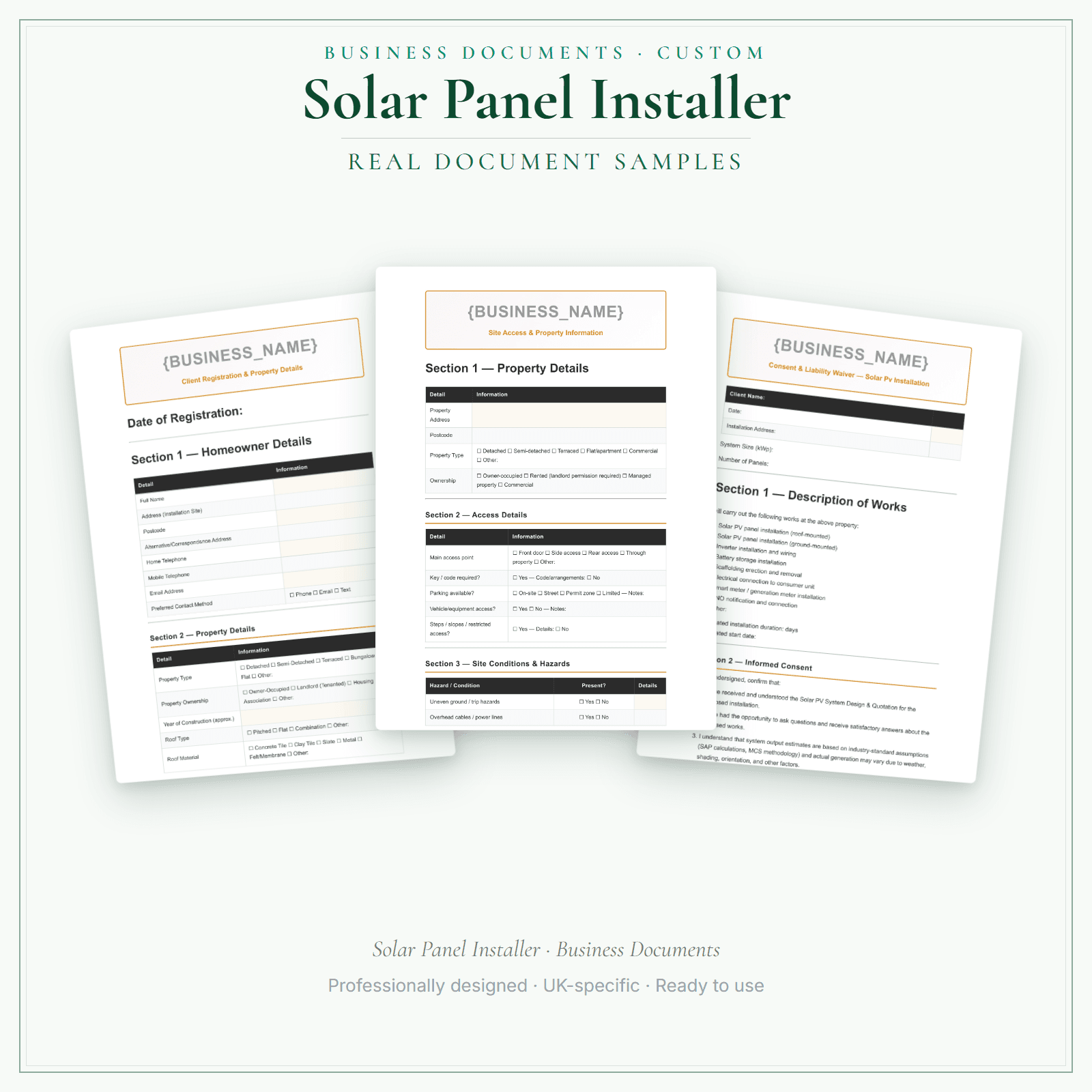 Solar Panel Installer — Business Documents — Customisable sample pages preview