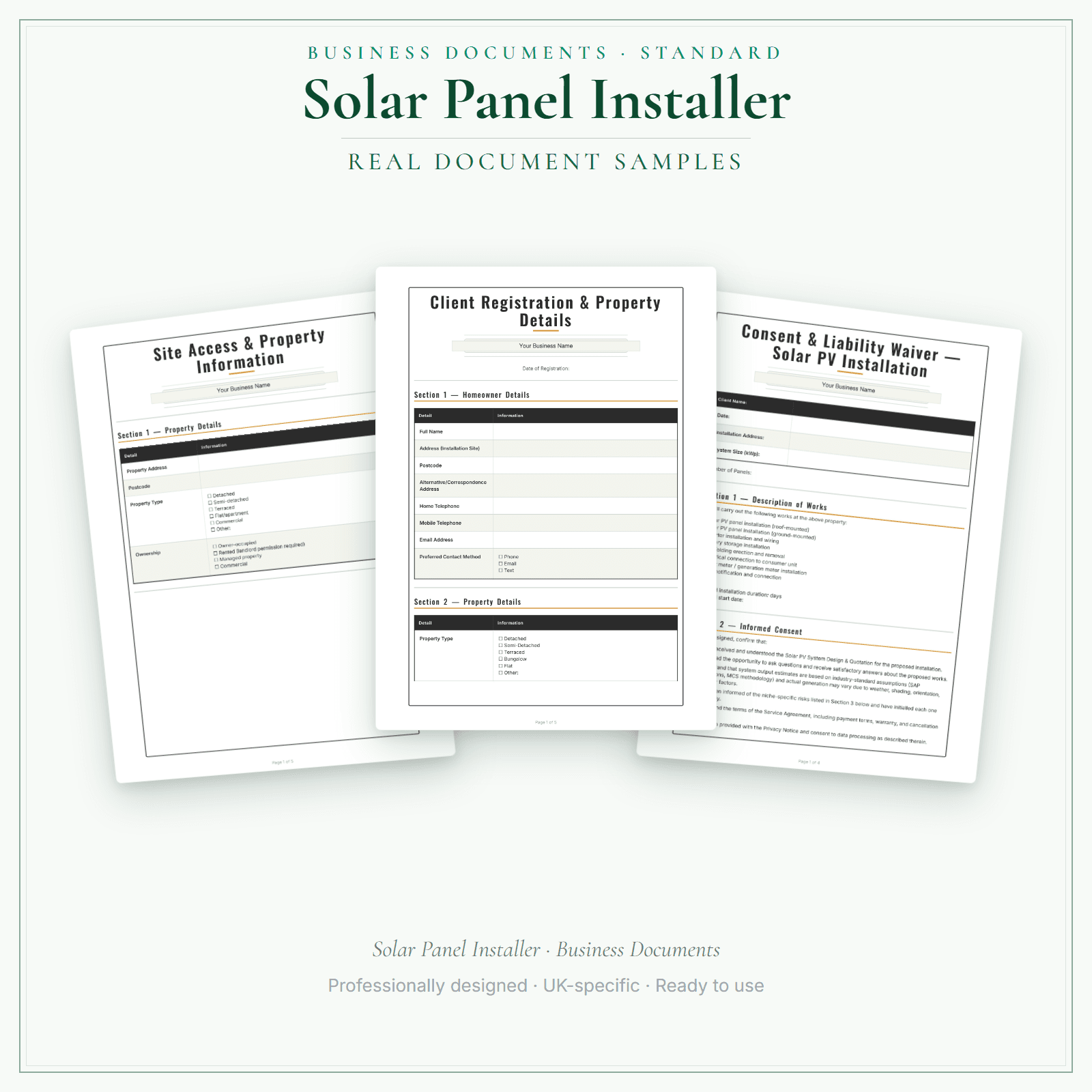 Solar Panel Installer — Business Documents — Standard sample pages preview