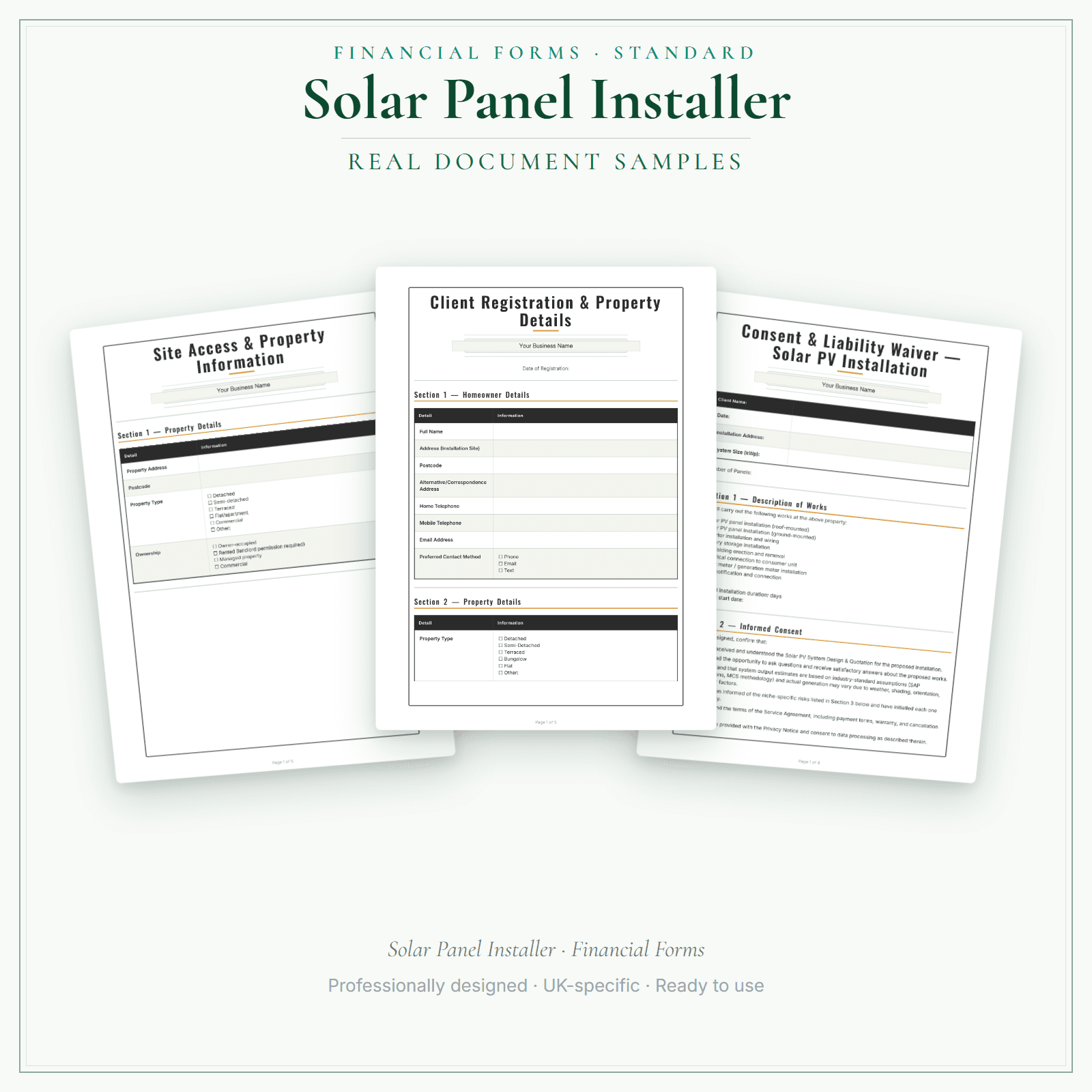 Solar Panel Installer — Financial Forms Bundle — Standard sample pages preview