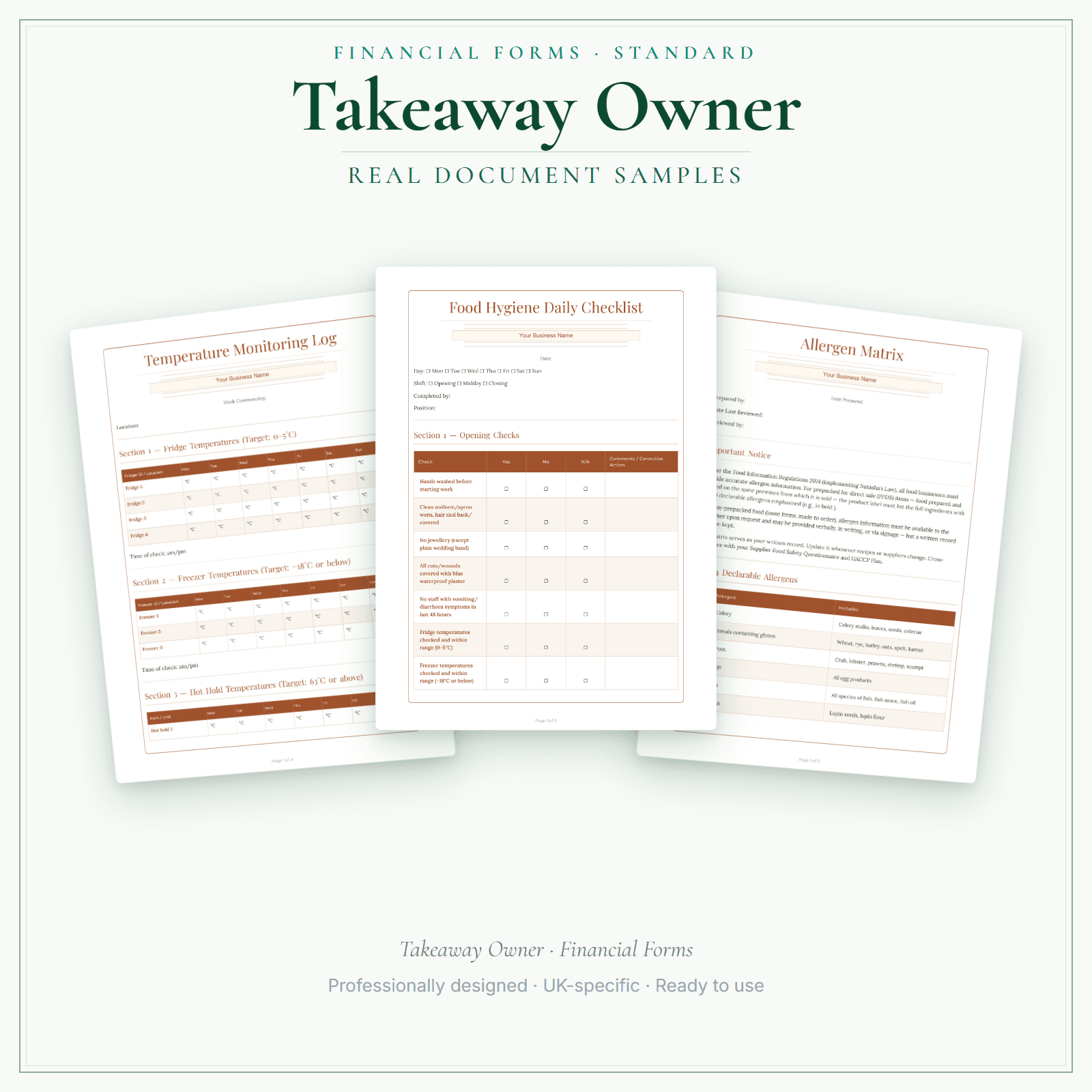Takeaway Owner — Financial Forms Bundle — Standard sample pages preview