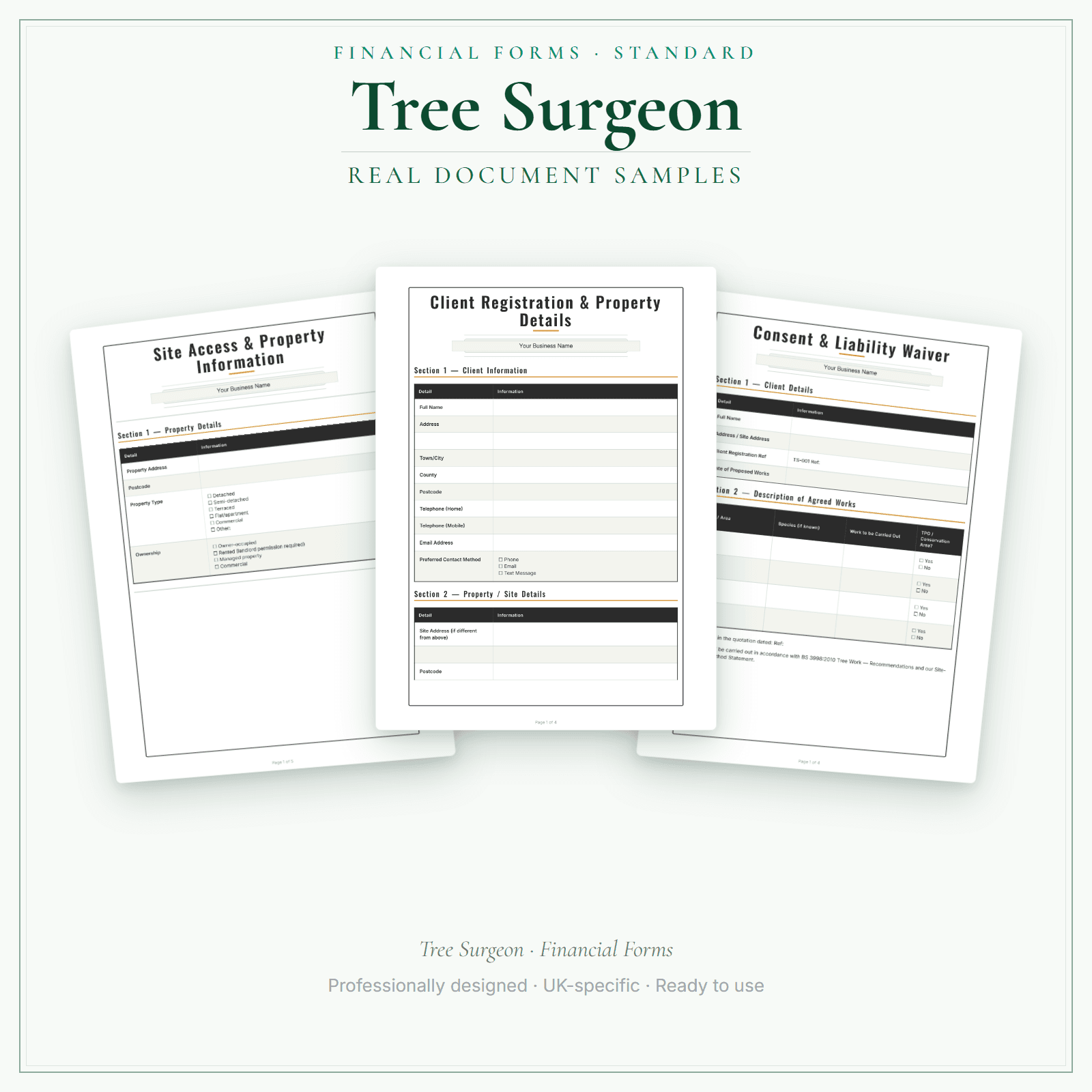 Tree Surgeon — Financial Forms Bundle — Standard sample pages preview