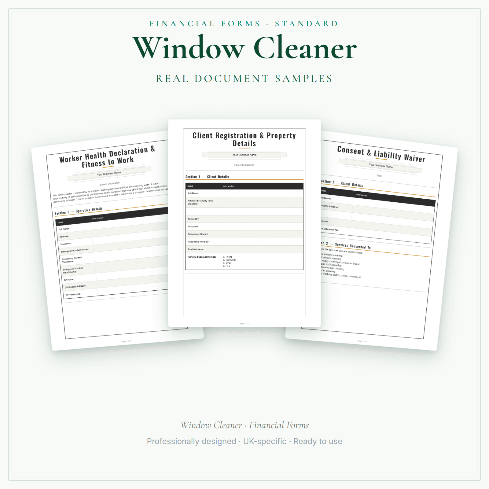 Window Cleaner — Financial Forms Bundle — Standard sample pages preview