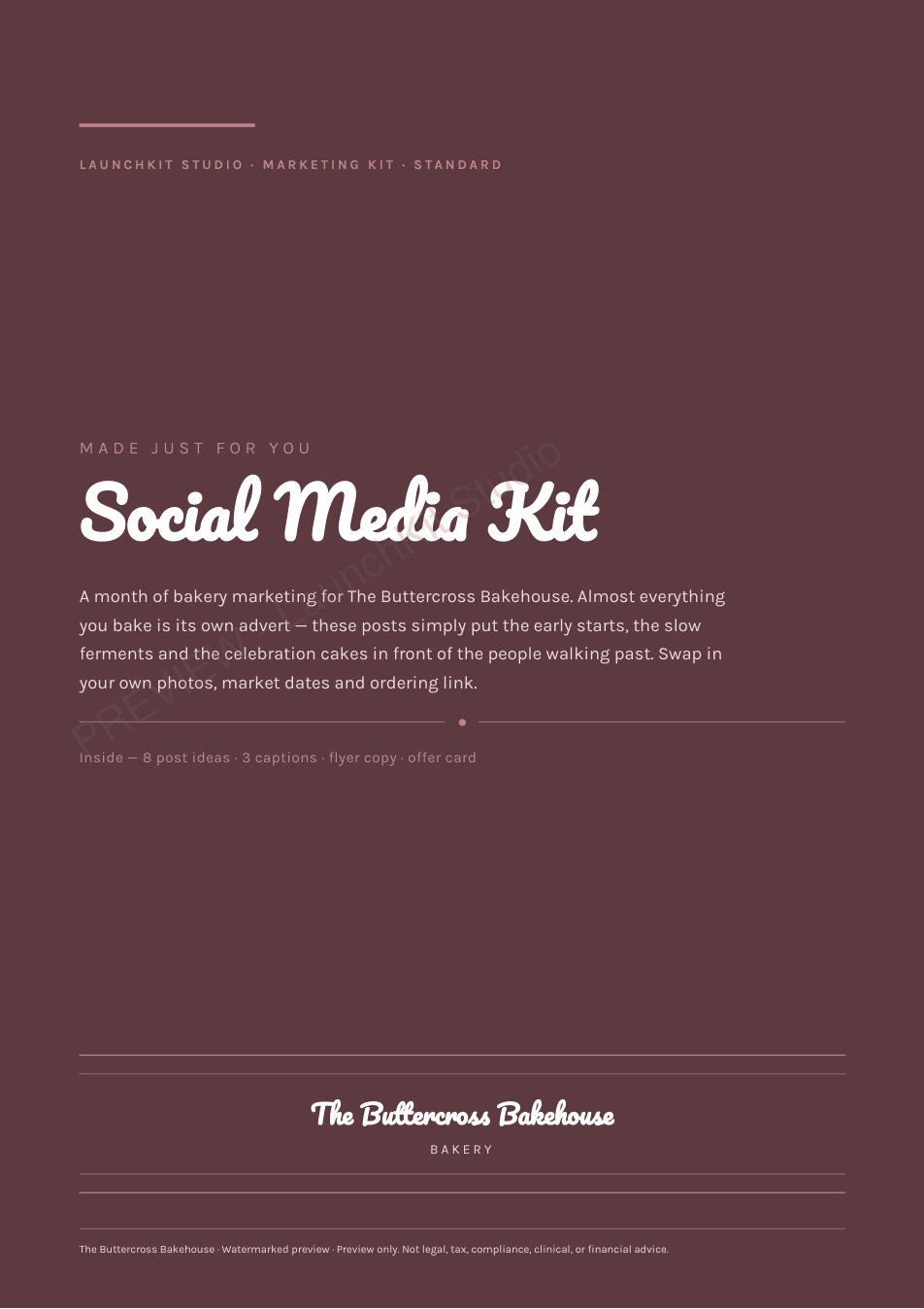 Watermarked LaunchKit Studio preview — Social media content kit for a bakery