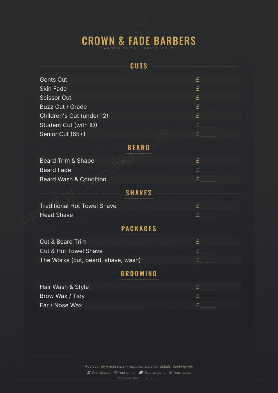 Watermarked LaunchKit Studio preview — Price guide for a barber shop