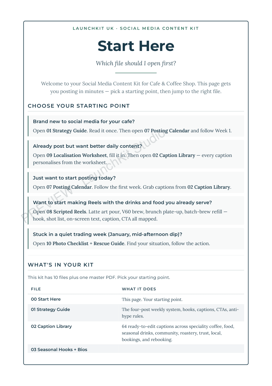 Watermarked LaunchKit Studio preview — Social media content kit — start here for a café