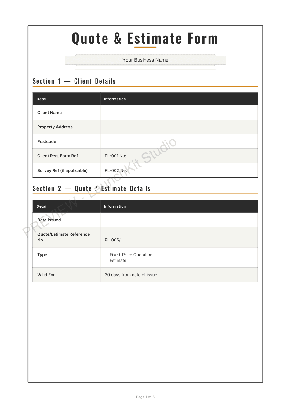Watermarked quote & estimate form preview for a plumber, made in LaunchKit Studio