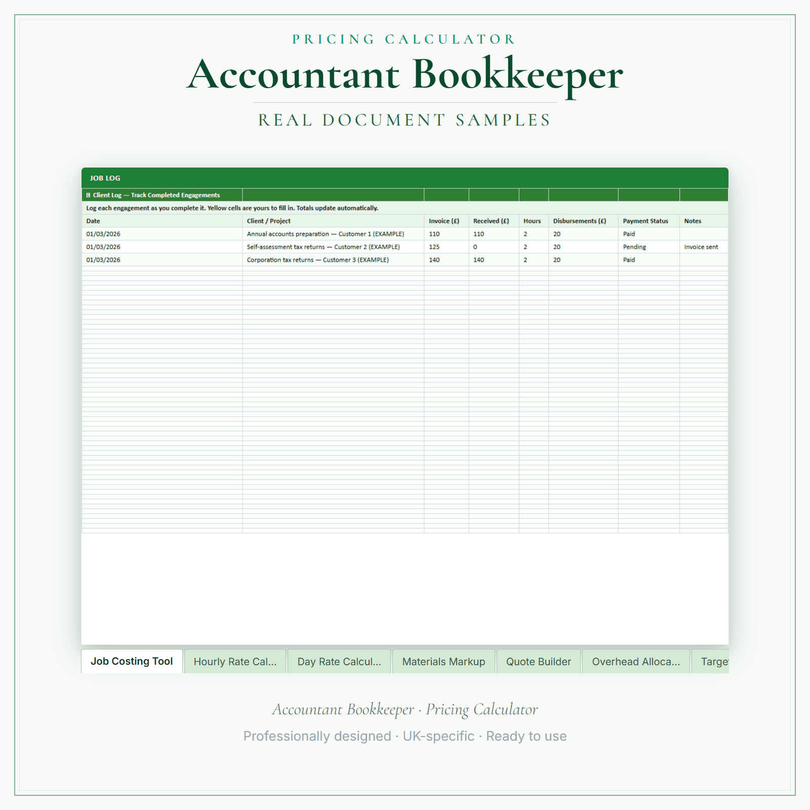 Accountant Bookkeeper — Pricing Calculator — Premium sample pages preview
