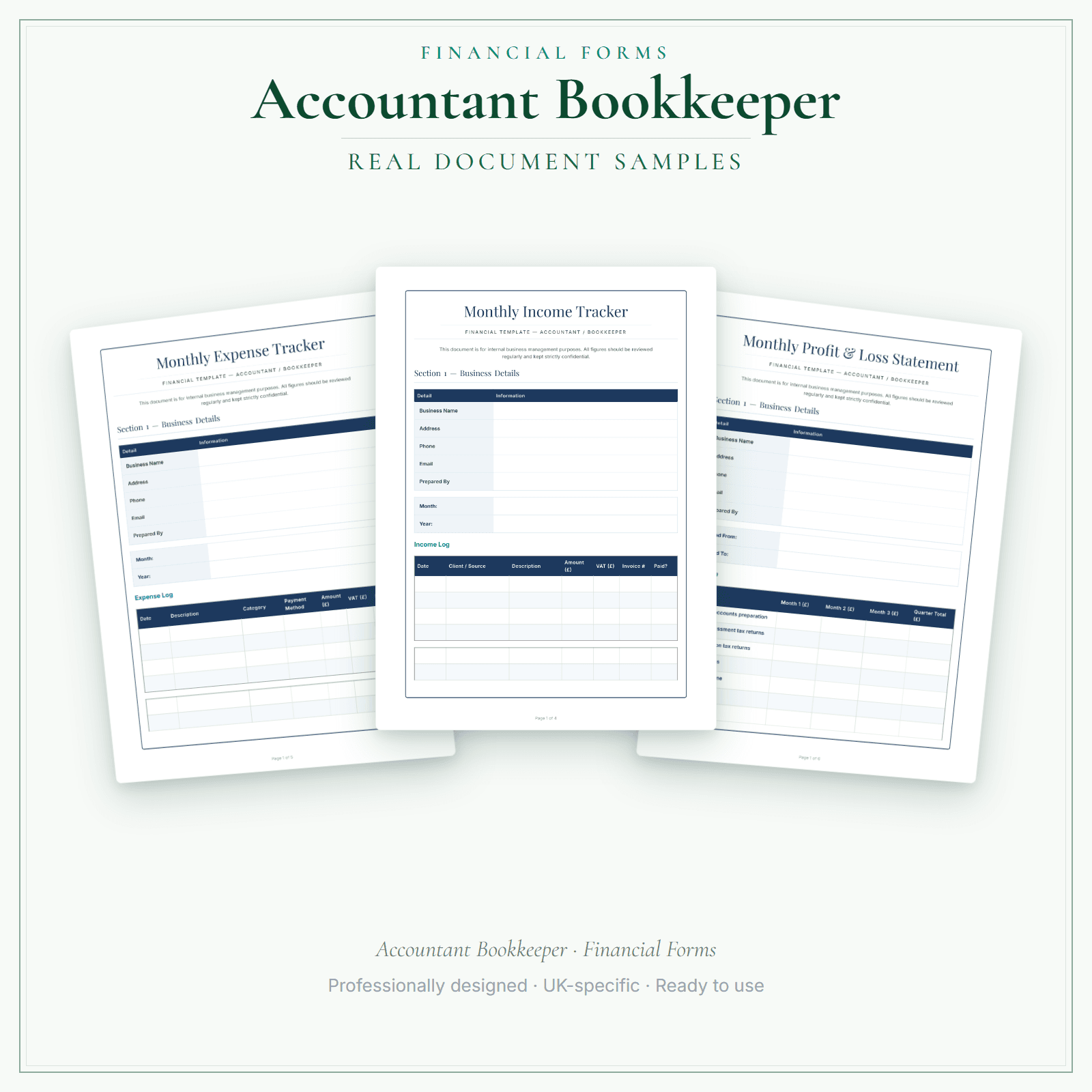 Accountant Bookkeeper — Financial Forms Bundle — Premium sample pages preview