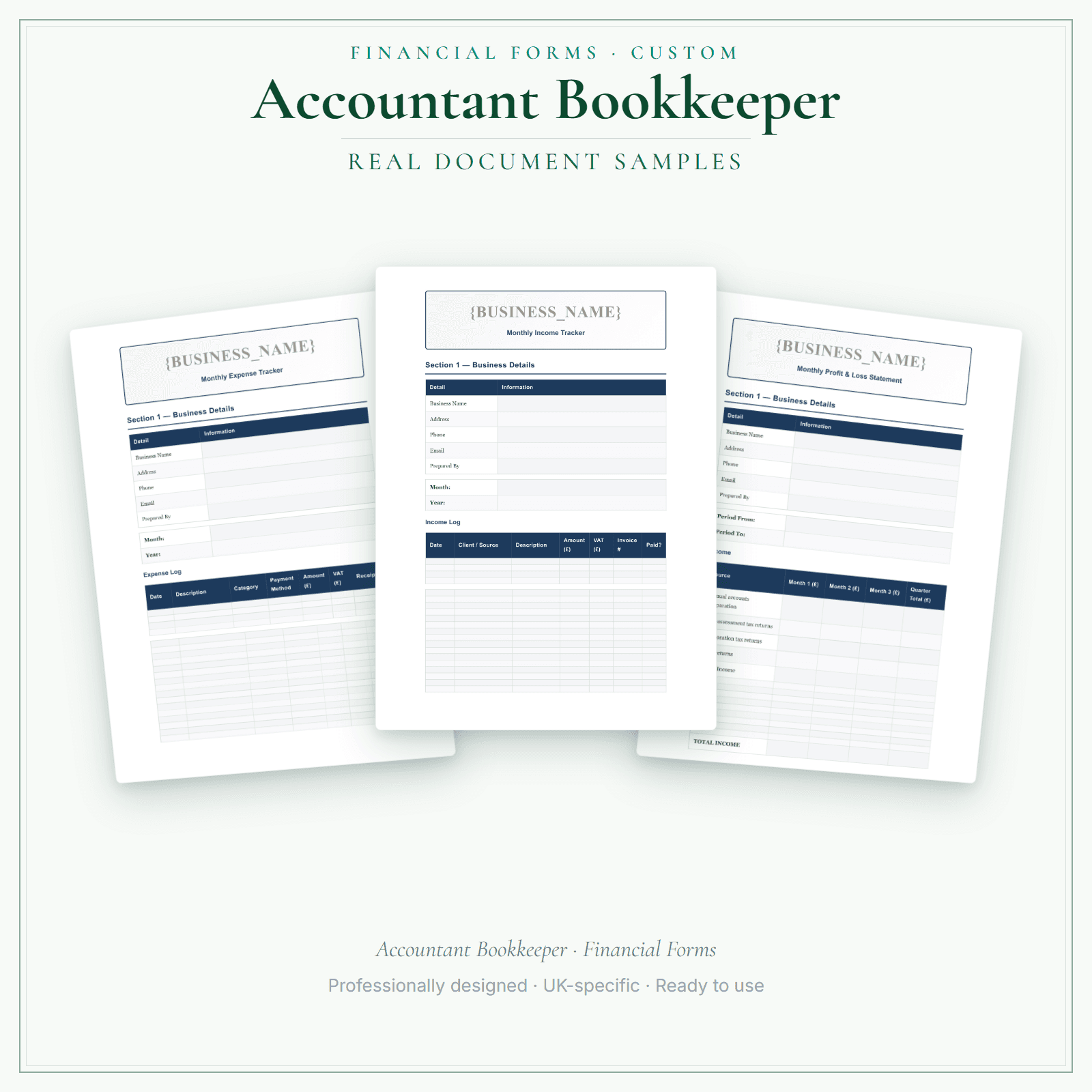 Accountant Bookkeeper — Financial Forms Bundle — Customisable sample pages preview