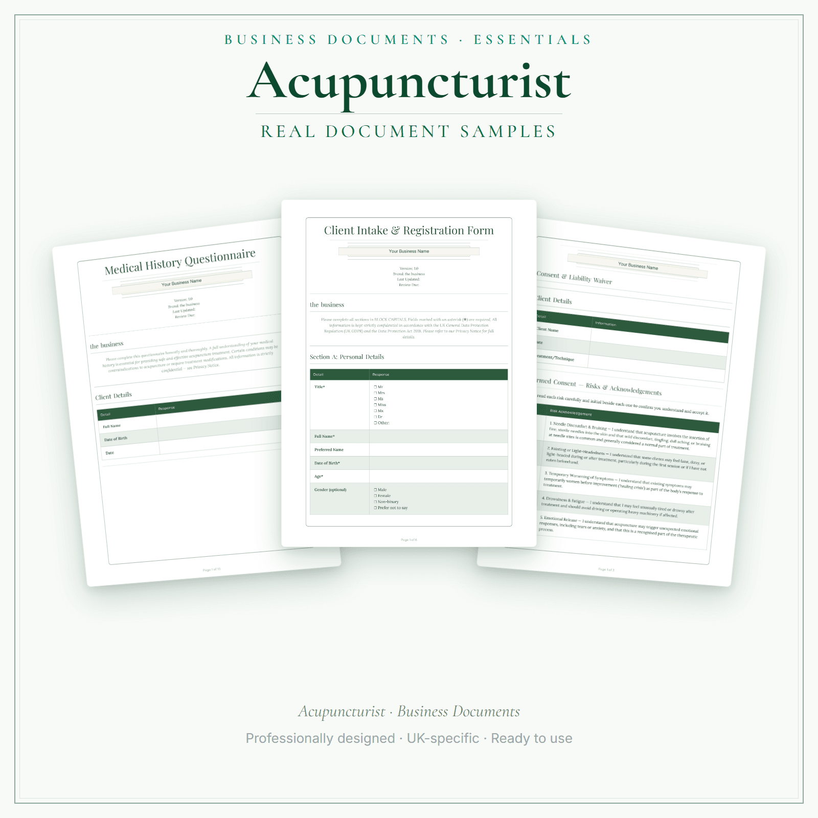 Acupuncturist — Business Documents — Essential sample pages preview