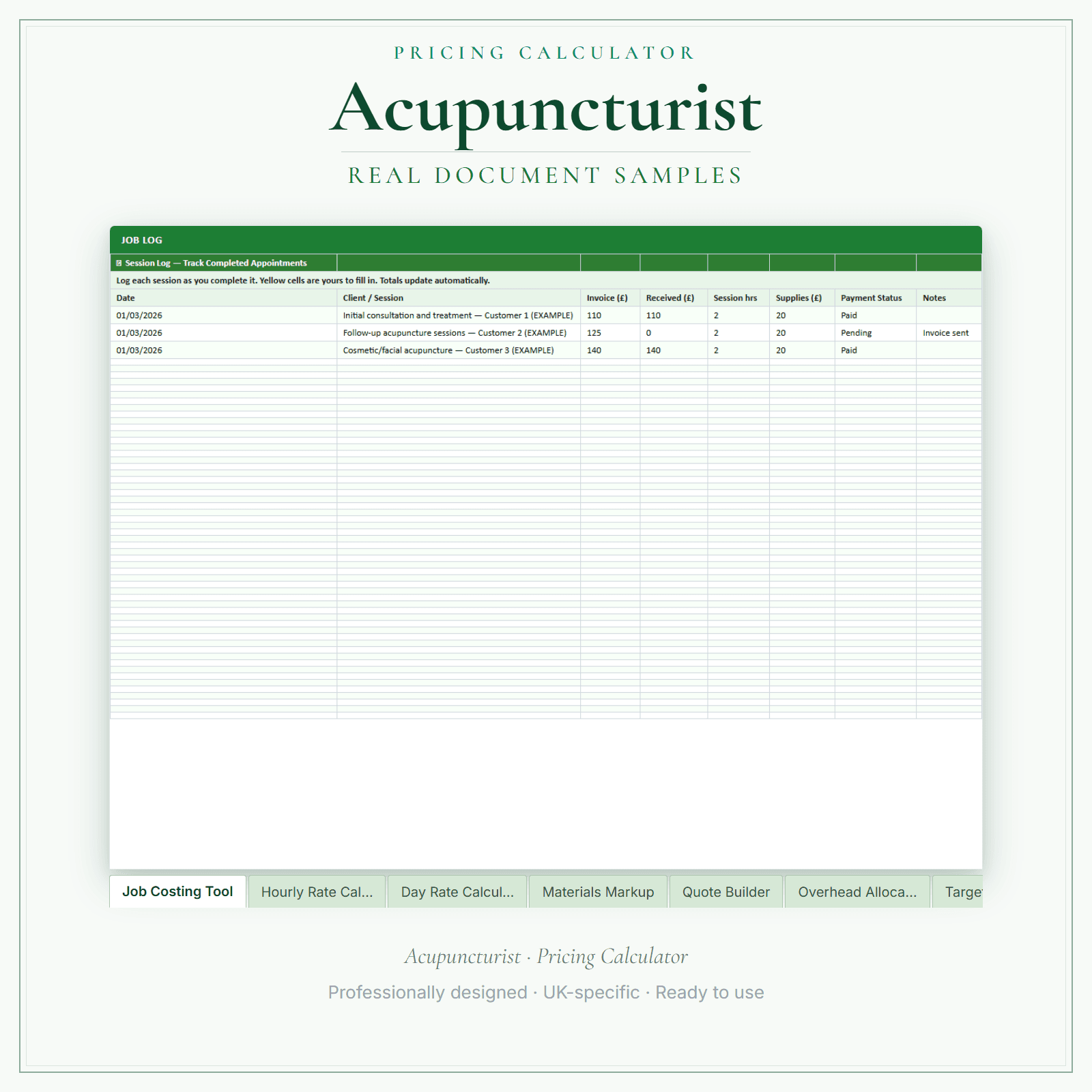 Acupuncturist — Pricing Calculator — Premium sample pages preview