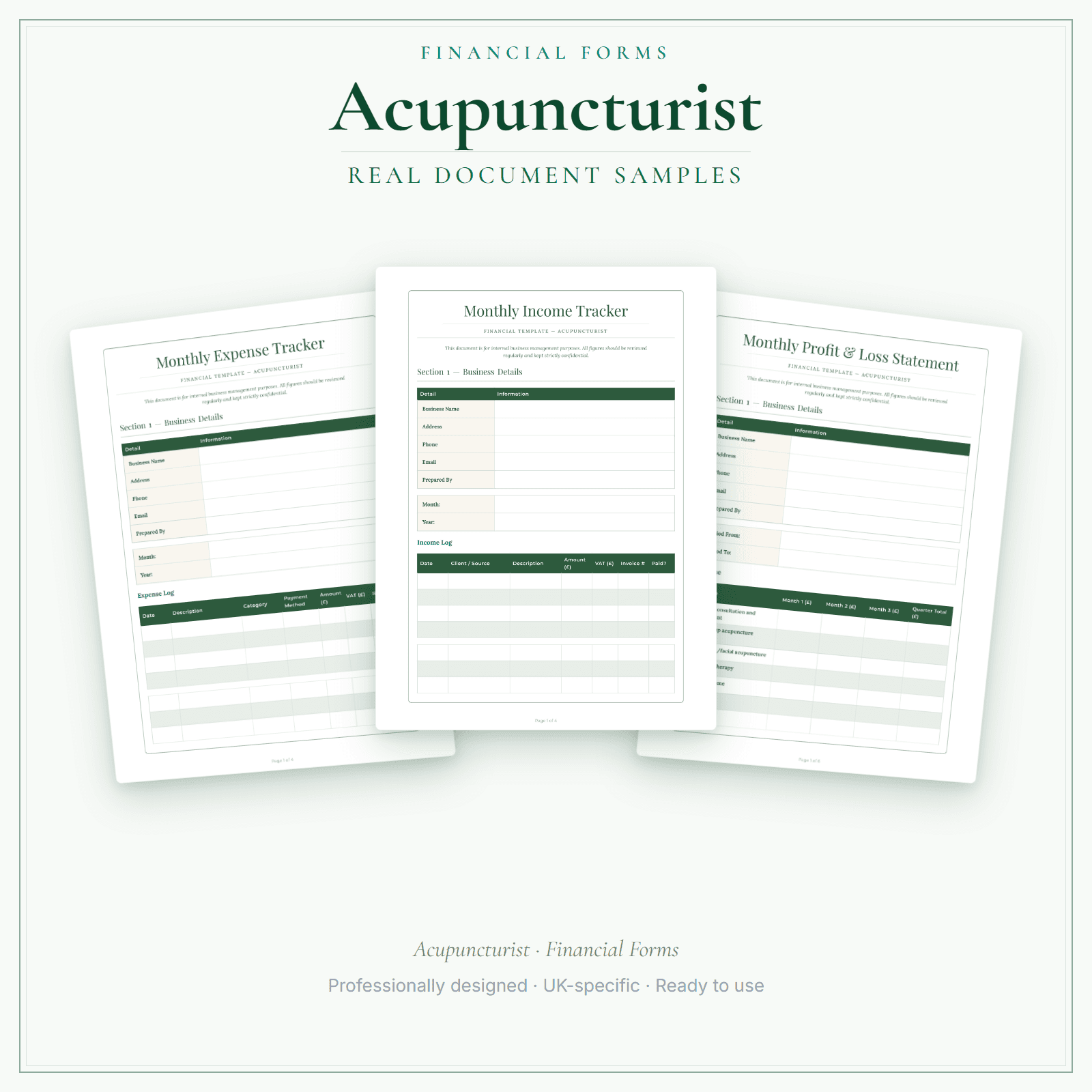 Acupuncturist — Financial Forms Bundle — Premium sample pages preview